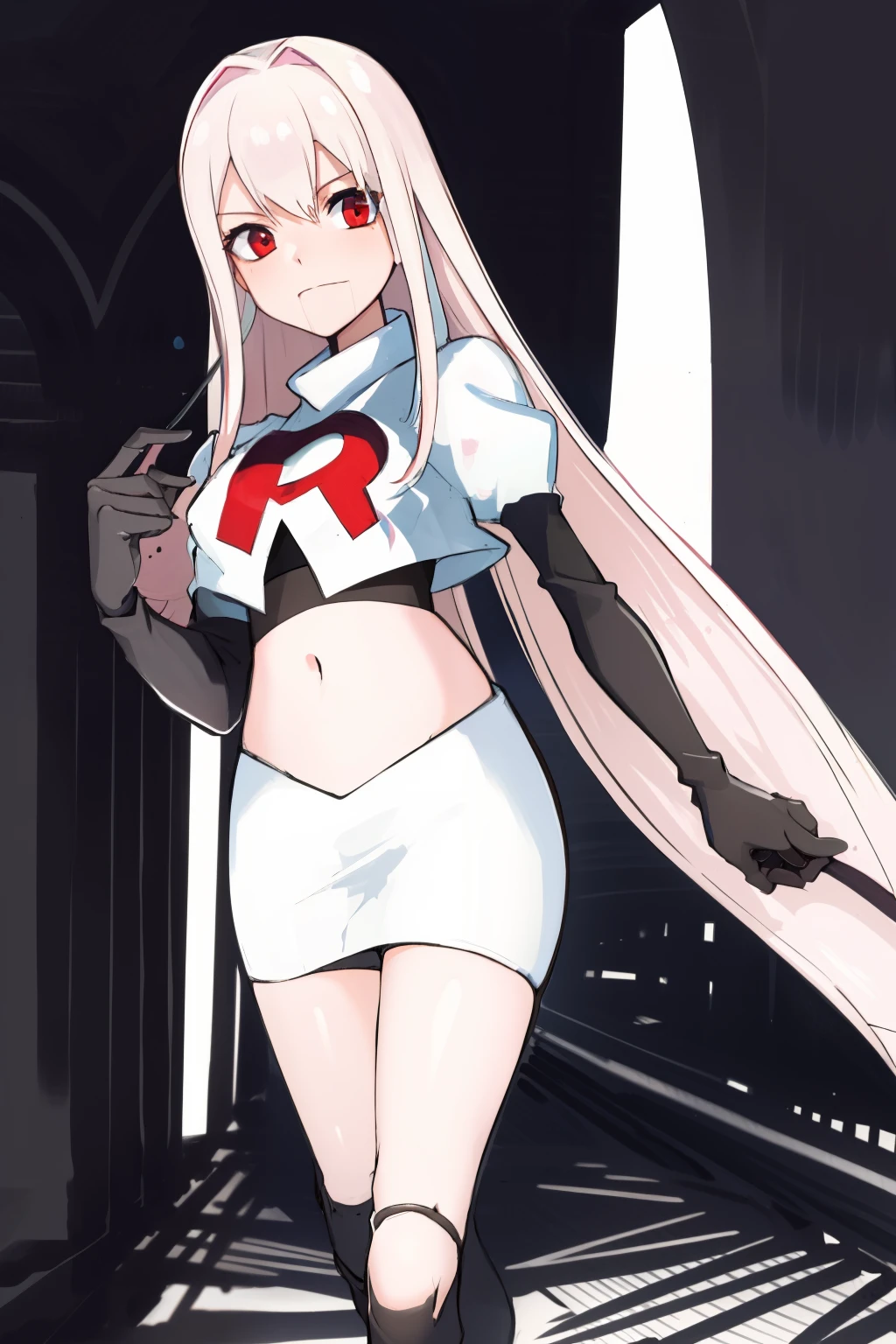 Masterpiece, Detailed, High quality, (absurdist), High Sharpness, High resolution, maiddoll, cracked skin,1girls, Solo, light pink hair,team rocket,team rocket uniform, red letter R, white skirt,white crop top,black thigh-highs, black elbow gloves,