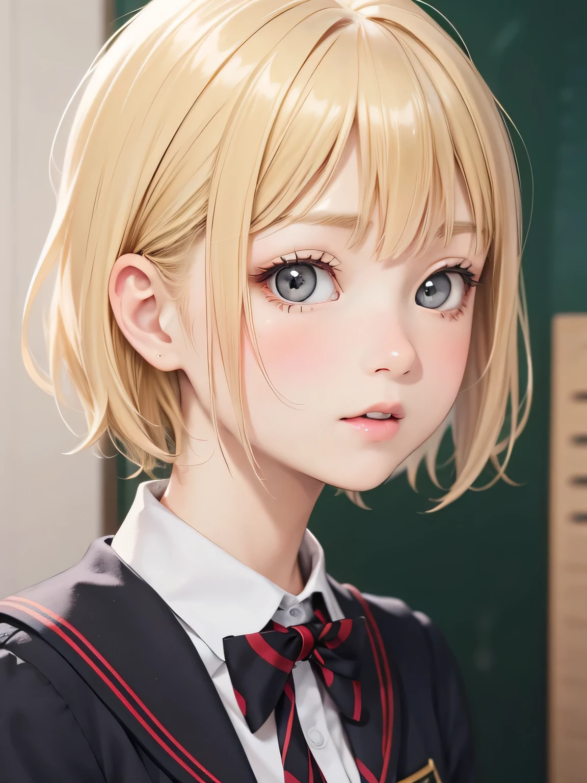 close up of face、study、blonde、short hair、girl1、uniform、School