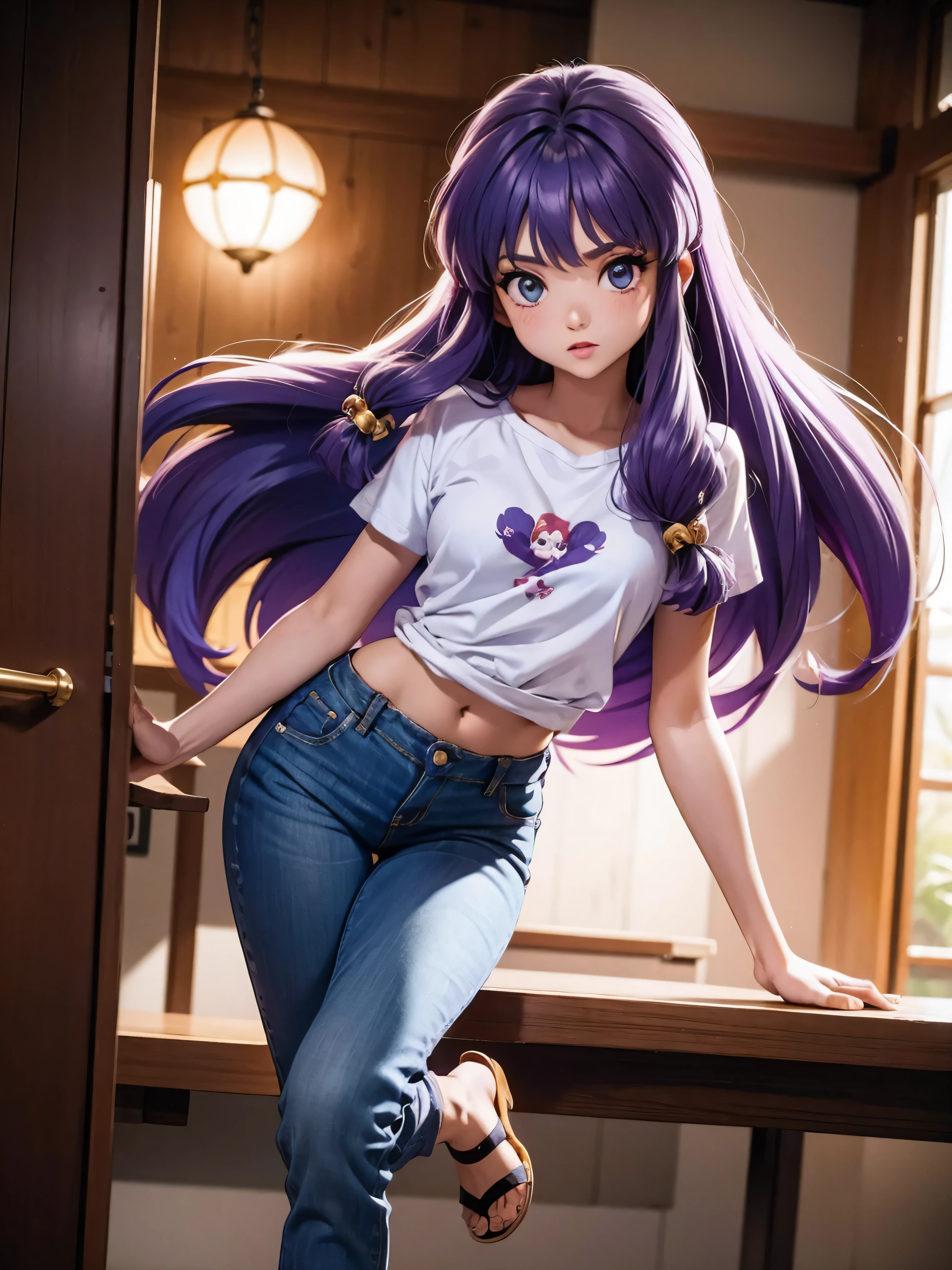 Anime cabelo purple com short jeans e blusa rosa brilhante, 16 anos, corpo bonito, seios grandes, com as hands on chest, hands on chest, Garota sexy, purple cabelo, mechas de cabelo laterais, mechas de cabelo na lateral do rosto, beautiful lighting, sombras suaves, olhos azuis, pernas bonitas, cabelo longo purple, estilo anime, personagem Shampoo Chan, Autora Rumiko Takahashi, Baseado em obra de Rumiko Takahashi, Anime Ranma 1/ 2, decote sexy, quadril robusto, corpo inteiro, corpo inteiro, busto grande, garota jovem com corpo belo e bonito, sandals on his feet, garota 16 anos jovem baixa estatura, usando short jeans e blusa rosa brilhante, garota anime, estilo anime, beautiful feet in sandals, 45° viewing angle, ao ar livre, peito grande, seios bonitos, cabelo purple, sandals on the feet, pernas bonitas