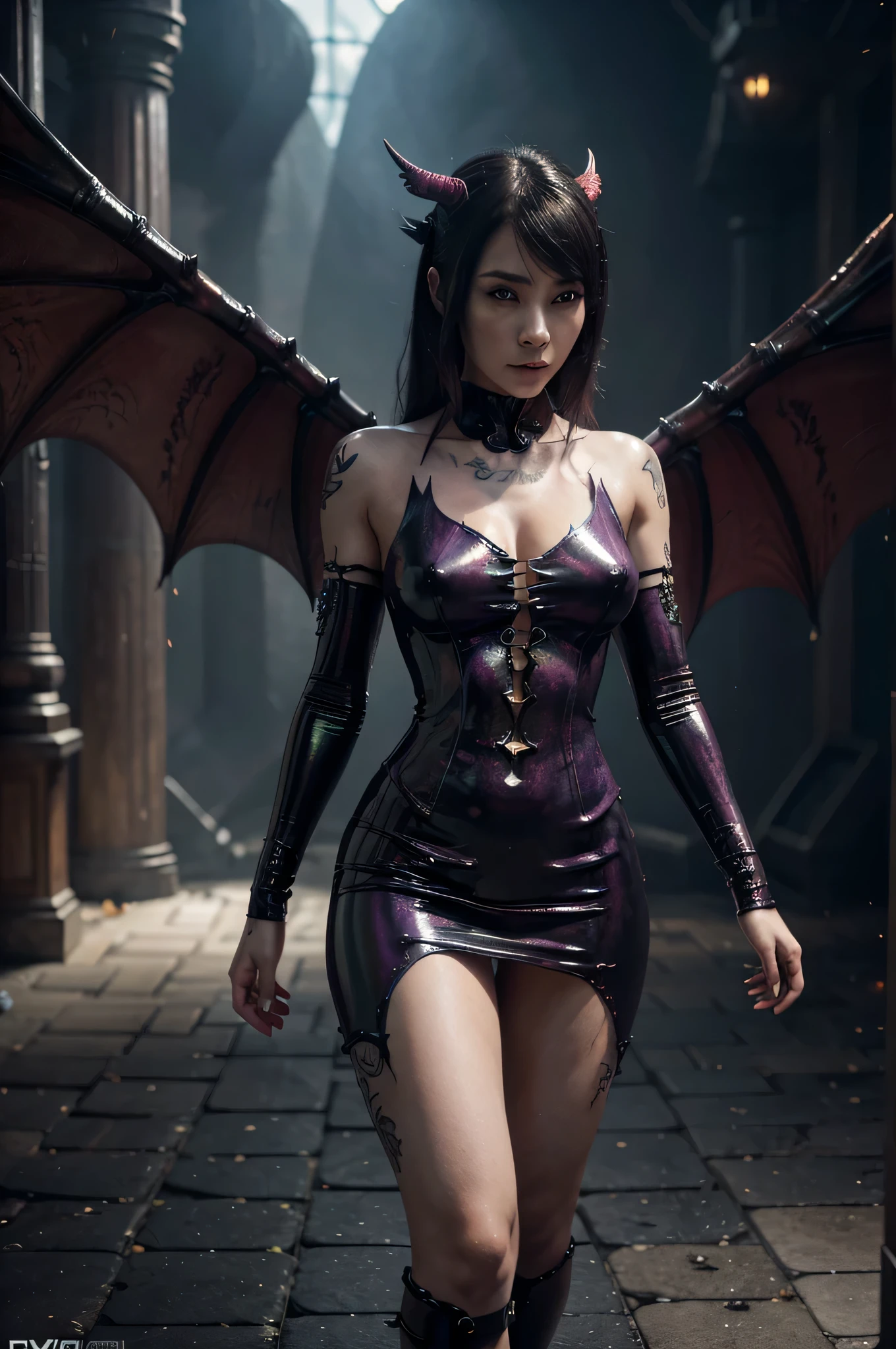 (masterpiece:1.3), best quality, highres, absurdres, 4k, raytracing, detailed, intricate details, 1gitl, (mature female:1.2), dragon horns, dragon tail, dragon wings, <lora:WaifuDragon:0.55>, nsfw