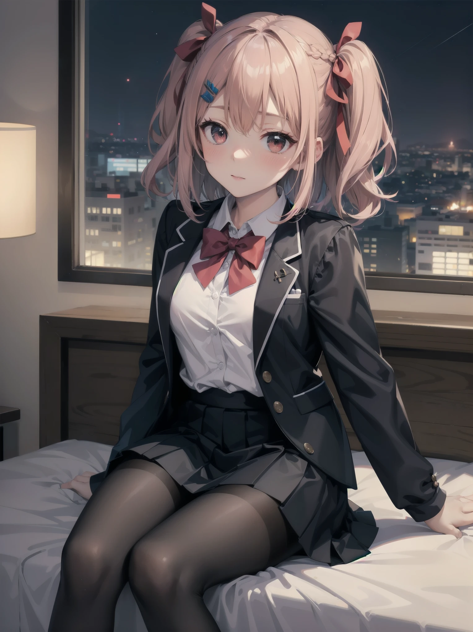 Anime girl sitting on a bed in a room with a city view - SeaArt AI