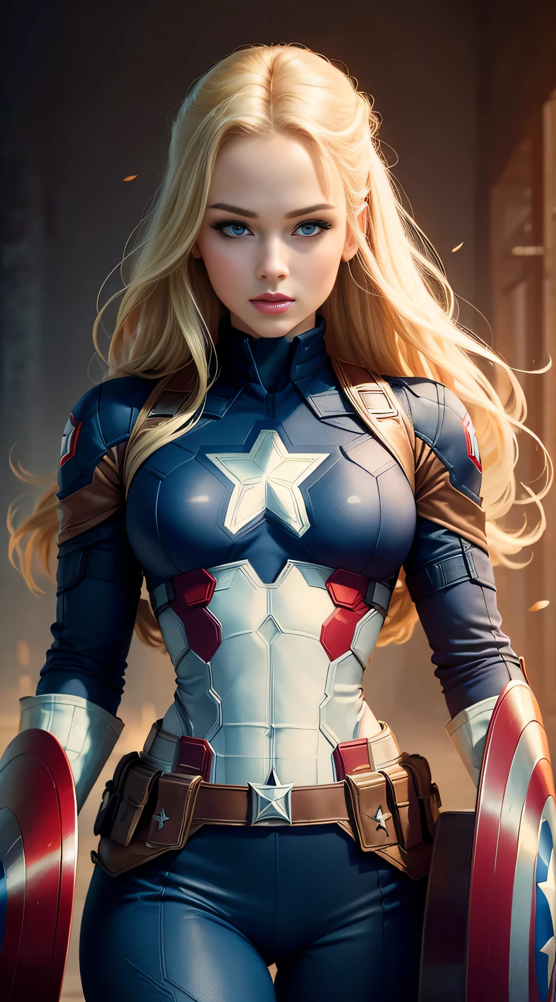 ((highest quality)) , ((masterpiece)) , (become familiar with) ,( captain america woman) , perfect body shape, big , blonde, beautiful face, focus on facial details, wearing captain america&#39;uniform of, Hydra logo on the background
