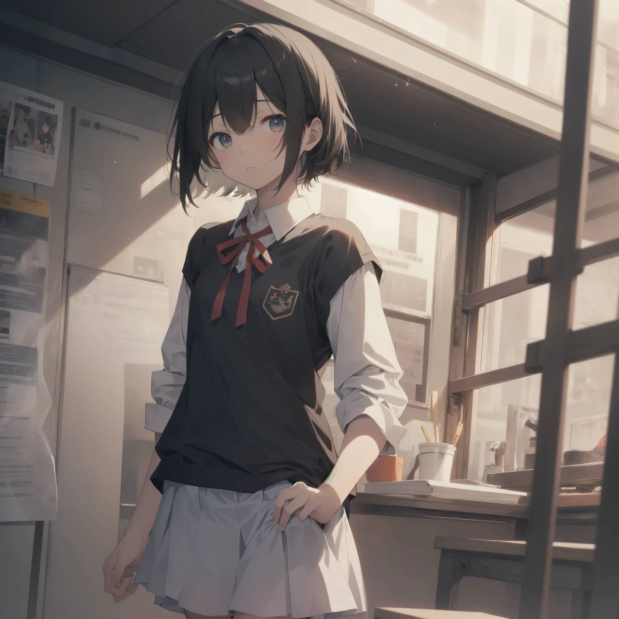 Super absurd quality by the god of art, super detailed, High resolution, anime moe art style, Best Anime 8K Kona-chan Wallpaper, pixiv contest winner, perfect anatomy, break,(眠そうにalone学校へ行く女の子を描いてください. )break,1 girl, (alone,little woman, baby face, 13 years old:1.3),All limbs, full finger,, The charm of an immature body, (very short hair), bangs, flat chest, Small Bodysuits, small ass, between legs, small black eyes, detailed and beautiful eyes, Well-proportioned iris and pupils, expressive eyes, sleepy eyes, High resolutionの詳細な髪, ribbon, neck ribbon, skirt, collared shirt, pleated skirt, school uniform,(detailed lighting), (detailed background), On the way to school. break,super dense skin, ,Best movie lighting by famous artists, 8k, figure,photoshop_(Moderate),Absurd Hi-Res,Hmm,rough skin