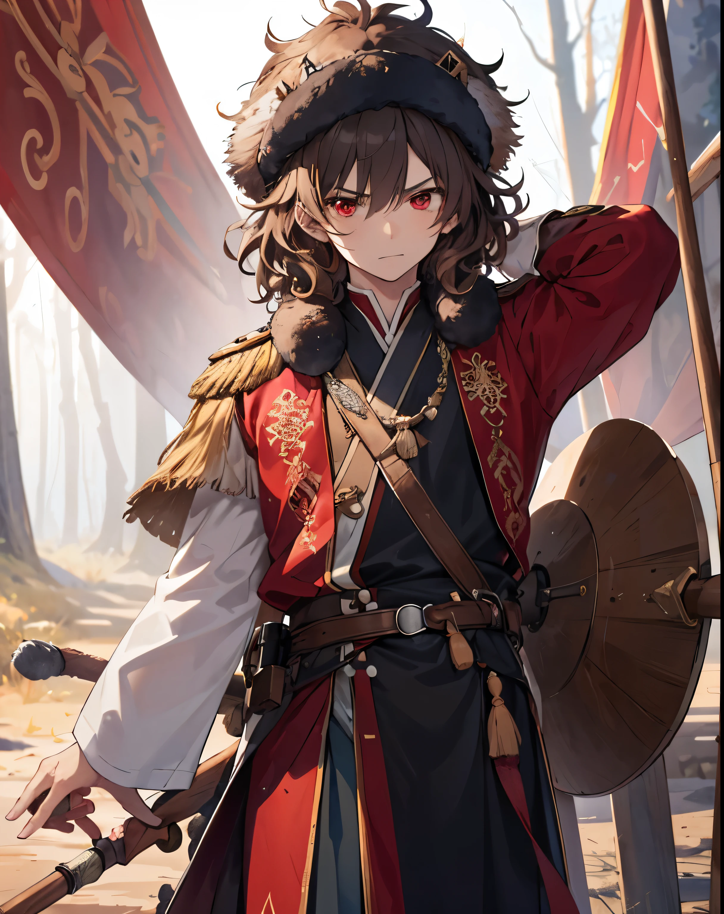 masterpiece, 1men, sparrow, a brown haired men, wearing an mongolian clothes, curly medium hair, messy hair, slim body, wearing adventurer clothes, he close her left eye, shirt ornament, angry expression, red eyes, stand at forest, mongol ushanka