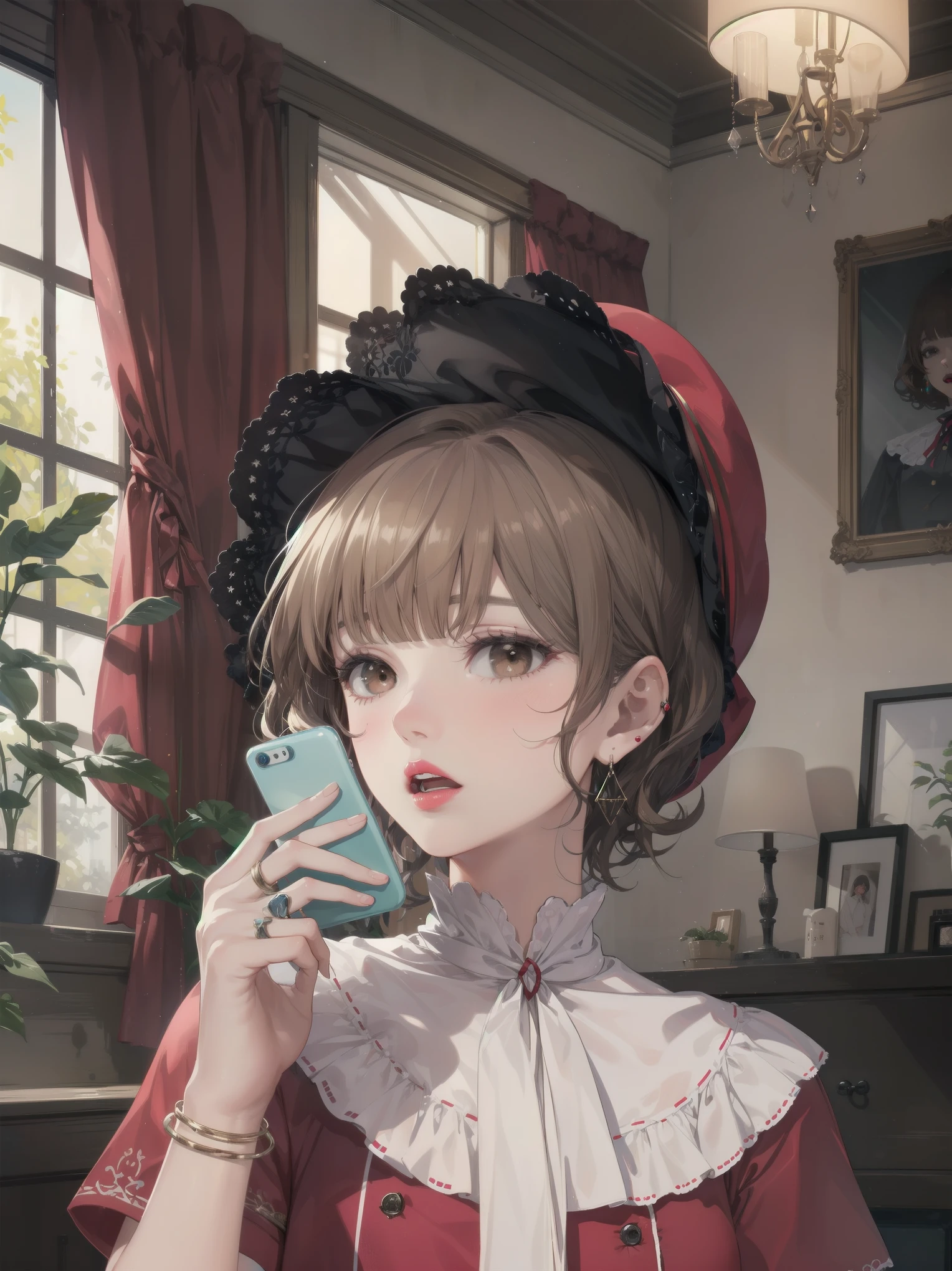 colorful, hezi, cosplay costume, beauty, stunning, 1girl, corded phone, solo, ring, jewelry, brown hair, realistic, talking on phone, phone, earrings, holding, parted lips, brown eyes, bangs, upper body, holding phone, curly hair, bow, looking to the side, bonnet, hair bow, blurry, lamp, lips, black eyes, indoors, blurry background, teeth, kettle, shirt, curtains, hand up, buttons, red lips, looking at viewer, medium hair, hat, nose, cellphone, red dress, dress, short sleeves, short hair, looking away, blunt bangs, open mouth, window, lipstick