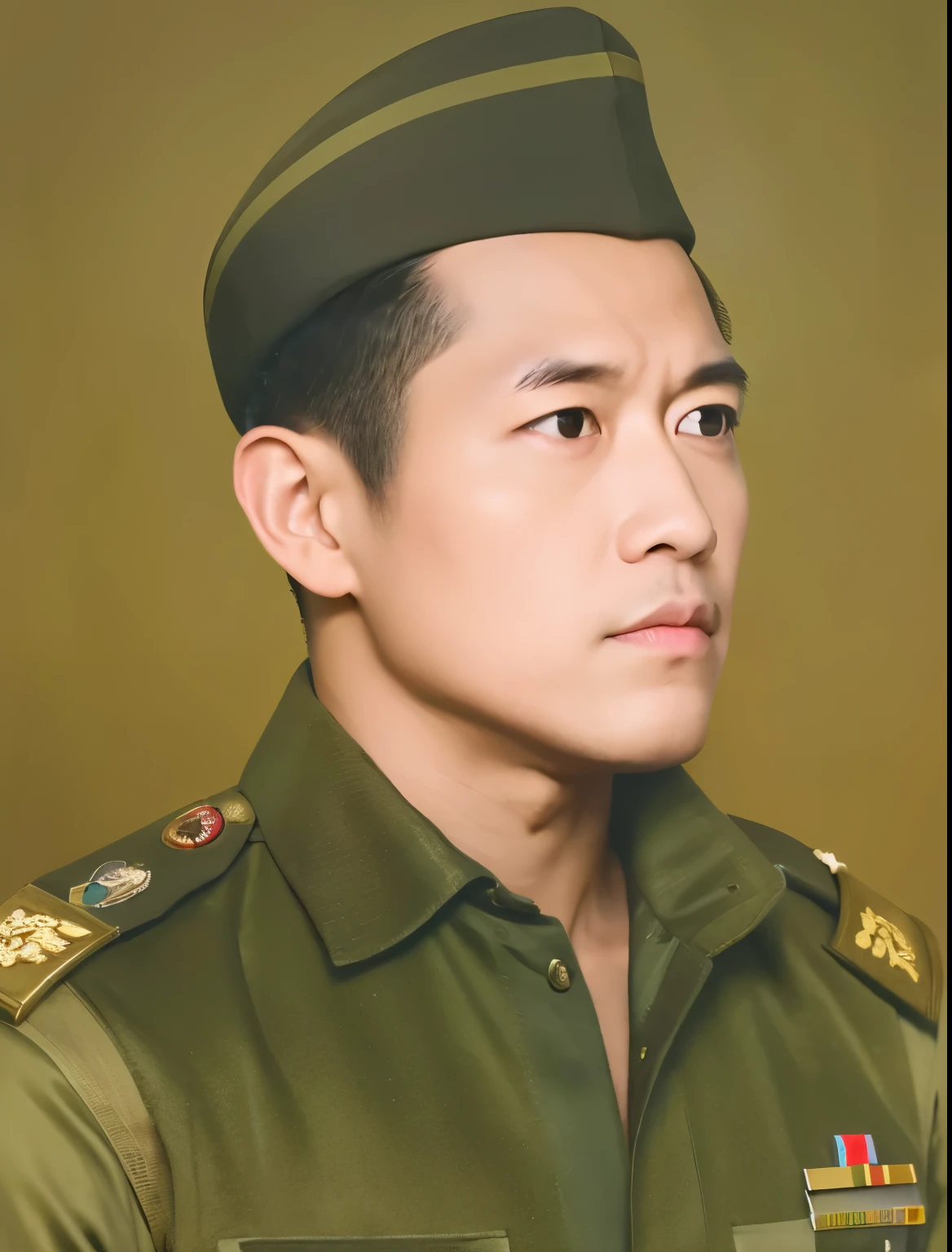 best quality,4k,8k,highres,masterpiece:1.2,ultra-detailed,realistic,portrait,indonesian military,general,letnan general,uniform,military,commander,leadership,strong,confident,serious expression,fierce look,golden epaulettes,decorations and badges,formal attire,cap with insignia,determined,strict,authoritative,dark background,sharp focus,vivid colors,warm color tone,professional lighting,attention to detail,crisp edges,accurate proportions,military discipline.