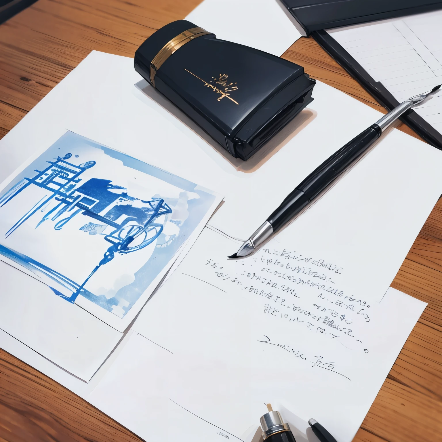 An ink-colored brush and a modern fountain pen write on white paper