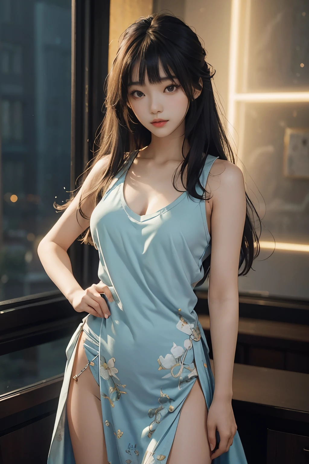 beautiful korean girl looks like 4D painting, 25 yo(1 girl, standing) (view), straight parting hair, hair bang, hair pin, ideal tits, tank top and deep-v kaftan, in room, night (window night background), vibrant colours, studio light, ultra detailed, gentle light, 3D animation