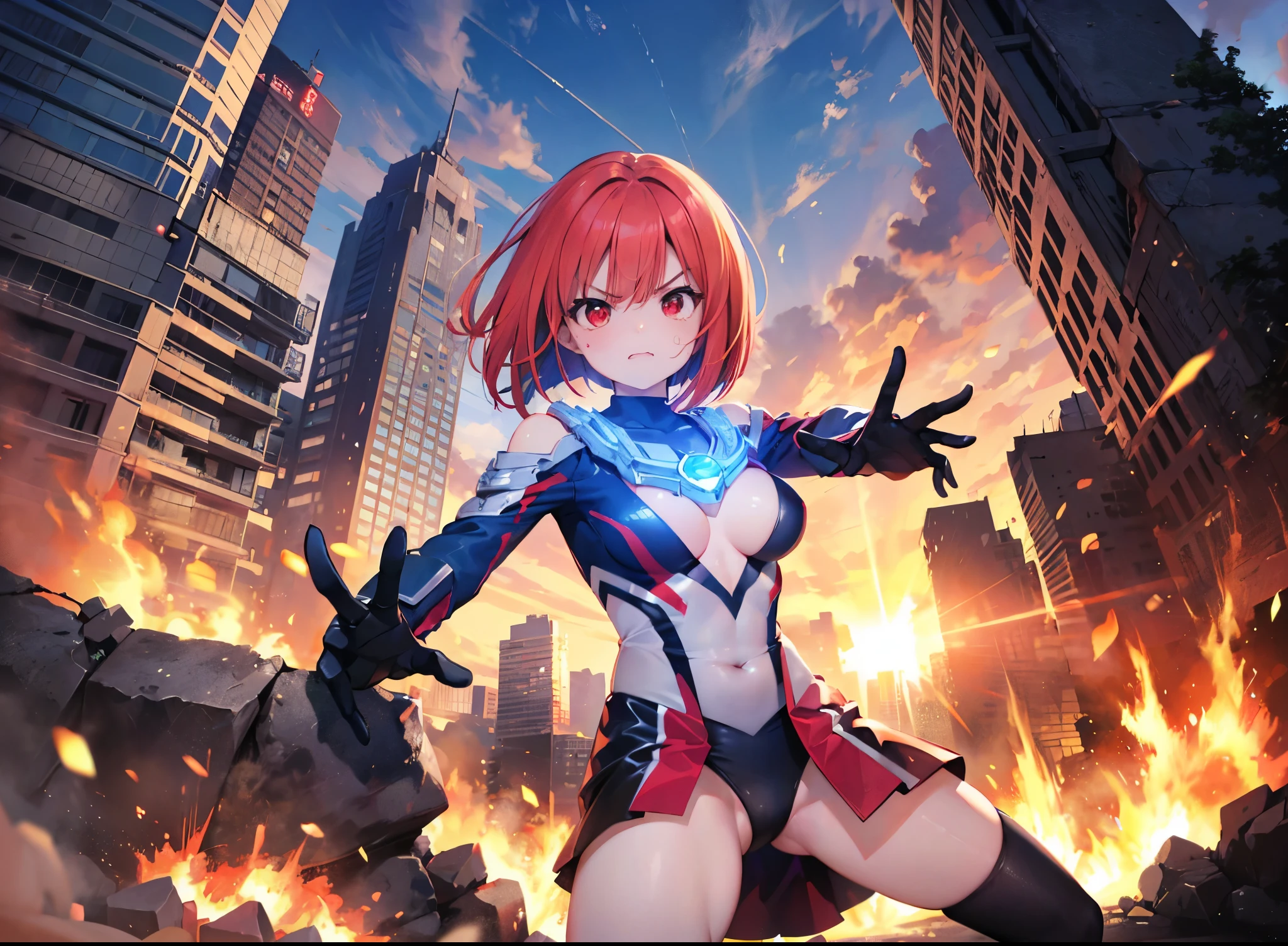 highest quality, ultra detail, High quality CG drawing, The most delicate and beautiful, Floating gently, High resolution, (1 giant woman), (Highest image quality,4K,8K,masterpiece:1.2),(all red hair:1.5),(short bob:1.5),(red eyes:1.5), Ultraman,(ultra girl :1.0), (全部赤いタイトなUltramanボディスーツ:1.4),slightly bigger breasts,red gloves,(rampage :1.0), whole body, (angry face :1.2), (finding stance), ((dynamic), be familiar with fingers, be familiar with hands, be familiar with face), everything is complicated, Godzilla (attack :1.2), (battle with monsters, battle with monsters, finding),facing each other, be familiar with (Ruined buildings) behind, outside,The city is engulfed in flames