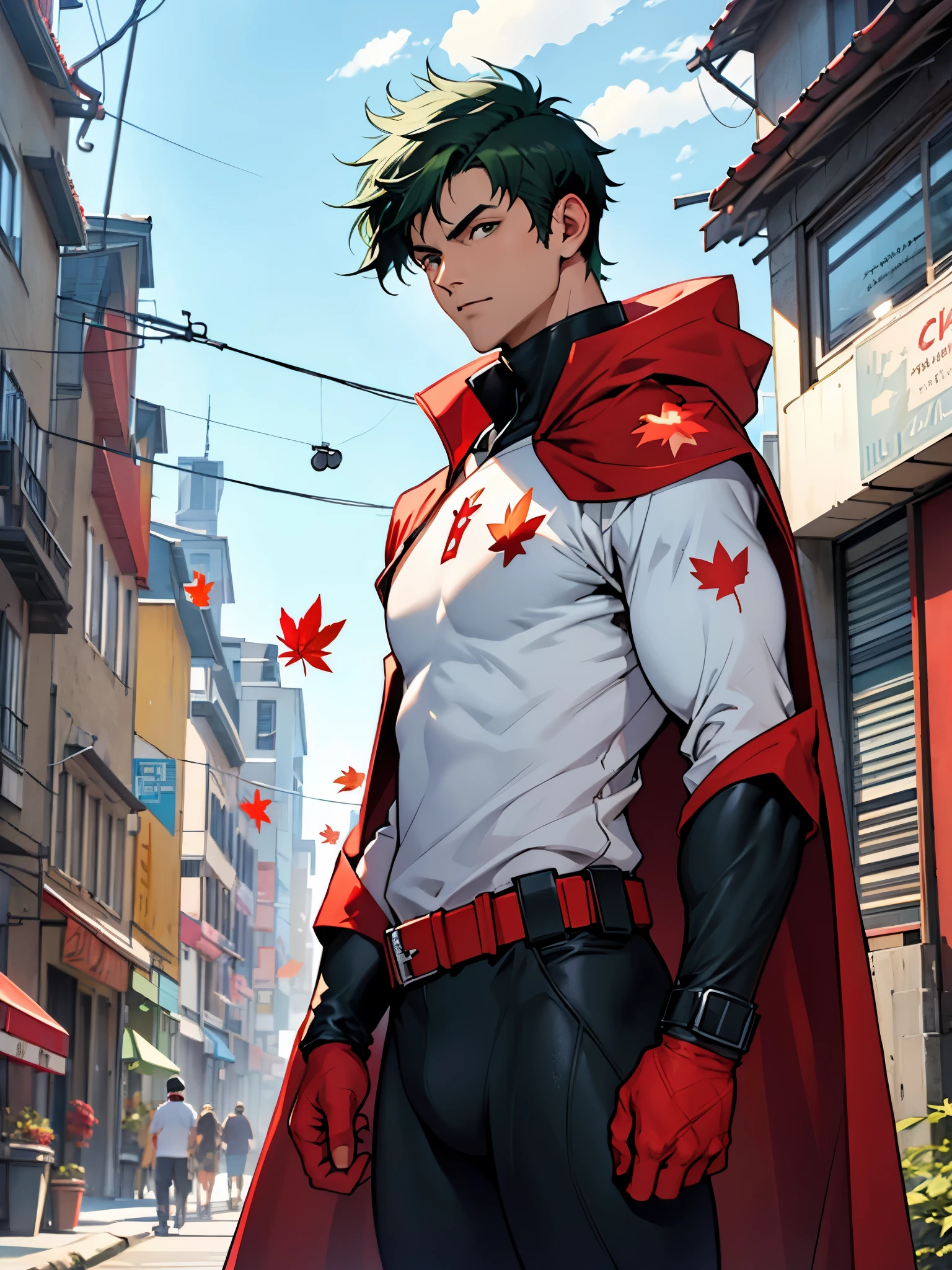 best quality, masterpiece, highres, solo, solo focus, 1boy, mature man, black hair, short hair, green hair, canadian, BREAK superhero, medium cape, muscular, red full bodysuit with white accents, ((red maple leaf logo on chest)) clenched fights, dynamic heroic pose, standing, BREAK montreal city street backdrop, daytime, outdoors, perfect lightning, looking at viewer