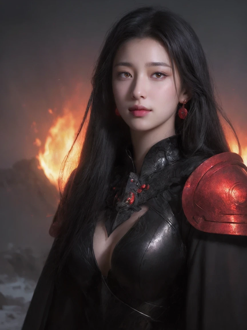 beautiful detailed background, octane rendering, 8k, best quality, masterpiece, illustration, extremely delicate and beautiful, detailed,extremely detailed,CG,Unite,wallpaper,Astonishing, Fine details, realistic art: 1.2 ,masterpiece, best quality, official art, extremely detailed CG Unite 8k wallpaper,1 girl, (((Long straight black hair,))), dark Knight,red eyes,pretty face, Upper body,(Black armor and red robe,) looking at the scenery, Realistic photos,evil smile, (hiqcgbody) ,perfect female figure,earrings,Willow Yao, (looking at the scenery), Tempting,prestige,fire light,
