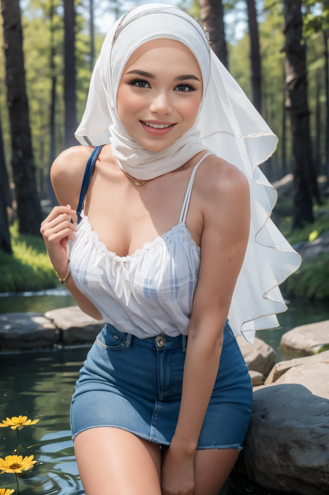 very cute and beautiful girl wear hijab, blue plaid summer dress with detailed frills,sleeveless,(skirt lift,white panties),(highly detailed beautiful face and eyes:1.2), cowboy shot,smile,black hijab,flower crown, (standing by water spring in forest),fog,fantastic stone monument,detailed landscape, (best quality,masterpiece:1.2),(intricate details),extremely detailed,highres,solo, cinematic lighting,dim light,dynamic angle,hair fluttering in the wind,