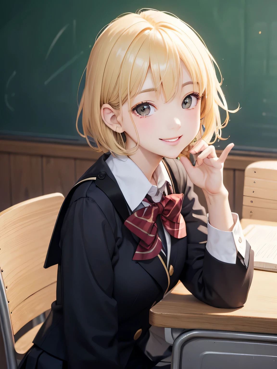 close up of face、blonde、short hair、girl1、sit、study、uniform、School、smile