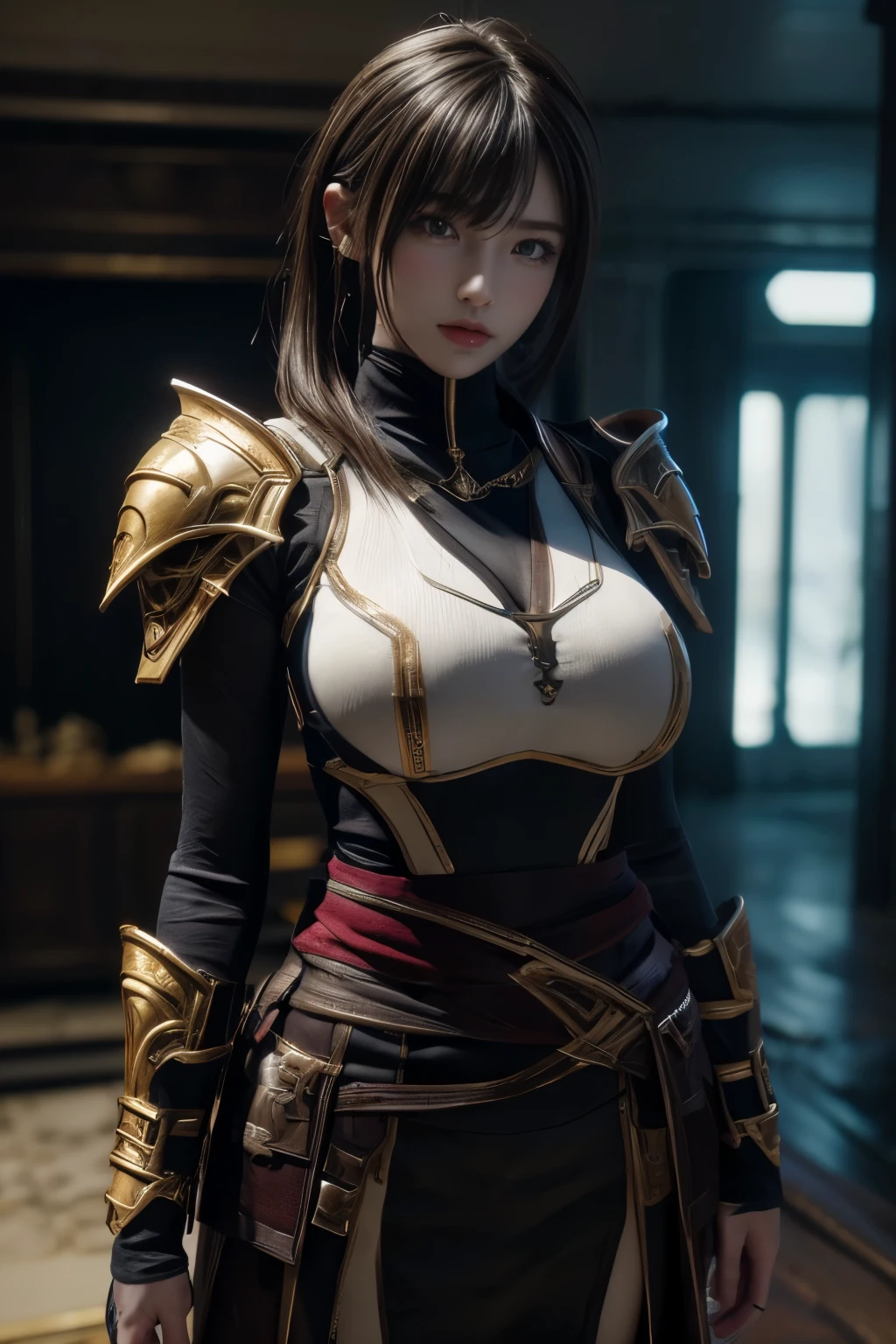 Masterpiece,Game art,The best picture quality,Highest resolution,8K,((Above the waist:1.5)),(A bust photograph),(Portrait),(Head close-up),(Rule of thirds),Unreal Engine 5 rendering works,(Digital Photography),(Real photos:1.2),
20 year old girl,Short hair details,With long bangs,A face rich in detail,(The red eye makeup is very meticulous),(White with short haiery red eyes,(Large, full breasts),Elegant and noble,Brave and charming,
(A futuristic combat suit combining medieval fantasy,Open coat,Joint Armor,Weapons accessories,Costumes are rich in detail),Cyberpunk figures,Simple background
Movie lights,Ray tracing,Game CG,((3D Unreal Engine)),(Head focus),oc render reflection texture