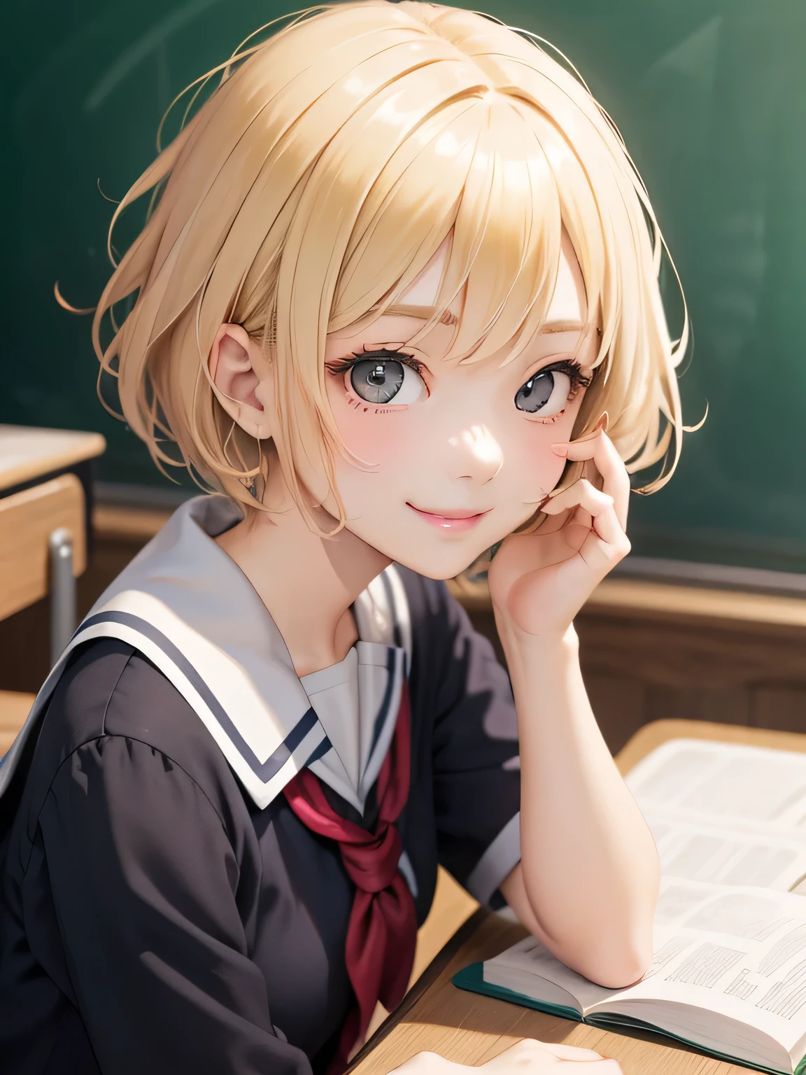 close up of face、blonde、short hair、girl１、sit、study、uniform、School、smile