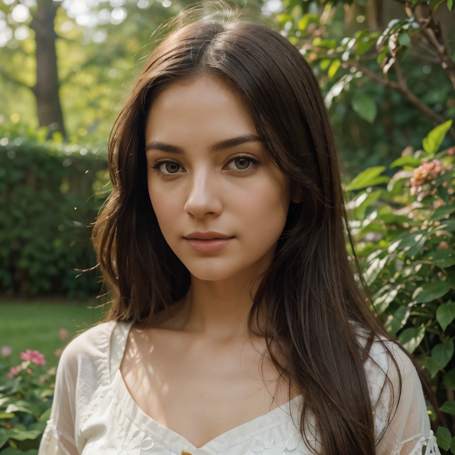 (a beautiful, stunning, gorgeous) brunette, (with long flowing hair and deep, expressive eyes), (wearing an elegant, flowing dress), (standing in a sunlit garden full of vibrant flowers and lush greenery), (surrounded by the sound of chirping birds and gentle breeze), (capturing the essence of tranquility and serenity).

The main focus of the scene is the brunette, highlighting her natural beauty and grace. Her eyes are particularly detailed, with intricate reflections and carefully crafted eyelashes. Her lips are also highly detailed, showcasing their softness and natural color.

The artwork is created using a combination of traditional painting techniques and digital illustration, bringing out the richness and depth of the colors. The medium used is oil painting, giving the image a textured and expressive quality.

The scene is filled with additional details, such as butterflies fluttering around the flowers, casting vibrant splashes of color. The garden is carefully designed, with a variety of flowers in different stages of bloom, creating a visually captivating composition.

The overall image quality is of the highest standard, with a resolution of 4k or 8k, allowing for the finest details to be captured. The image is ultra-detailed and realistic, with the lighting capturing the natural sunlight filtering through the trees, casting soft shadows and creating a serene atmosphere.

The color palette chosen for this artwork is warm and inviting, with a focus on earthy tones and soft pastels. The lighting enhances the colors, creating a sense of warmth and harmony throughout the scene.

The prompt also specifies the art style as a realistic portrait, emphasizing the attention to detail and capturing the essence of the subject. The goal is to create a lifelike representation of the brunette, showcasing her beauty and elegance.

Overall, this prompt aims to create a visually stunning and emotionally captivating artwork, celebrating the beauty of the brunette in a tranquil garden setting.