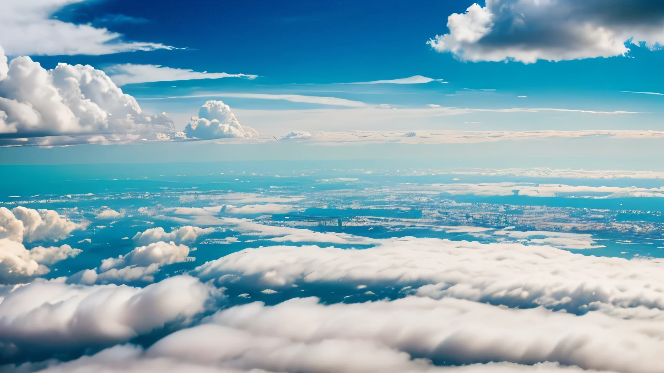 top down view of a city through the clouds, realistic, vivid, clouds, sunny day
