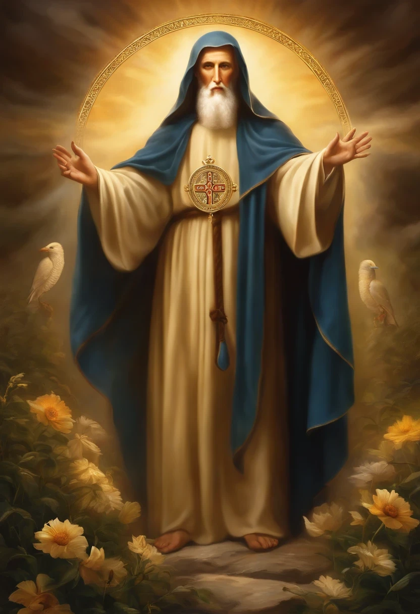 We invite you to immerse yourself in divine protection and spiritual peace with the realistic and powerful image of Saint Benedict. Our cover features Saint Benedict, venerado por sua sabedoria e virtude, as a beacon of hope in times of adversity. Ao seu redor, an aura of brilliant light radiates security and tranquility, as he raises his hand in blessing, afastando toda maldade e bruxaria. This image reminds us of the powerful prayer to Saint Benedict, a source of strength and protection against the negative influences of life. Immerse yourself in the comforting presence of this saint and open your heart to receive his grace and guidance. May the image of Saint Benedict be a constant reminder of the victory of light over darkness and of the unshakable faith that guides us on our spiritual path."