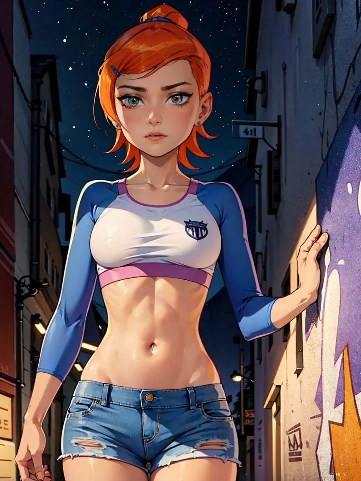 ((gwendolyn_tennyson, shaved side hair, medium breasts, wide hips, malicious)), ((pink lipstick, Extremely detailed, ambient soft lighting, 4k, perfect eyes, a perfect face, perfect lighting, a 1girl)) austere, ((malicious, (sports bra), jeans, short shorts, unbuttoned shorts)), night sky, clouds, , lots of , (graffiti alley, graffiti walls, in an alley, night, moonlight, starry night)