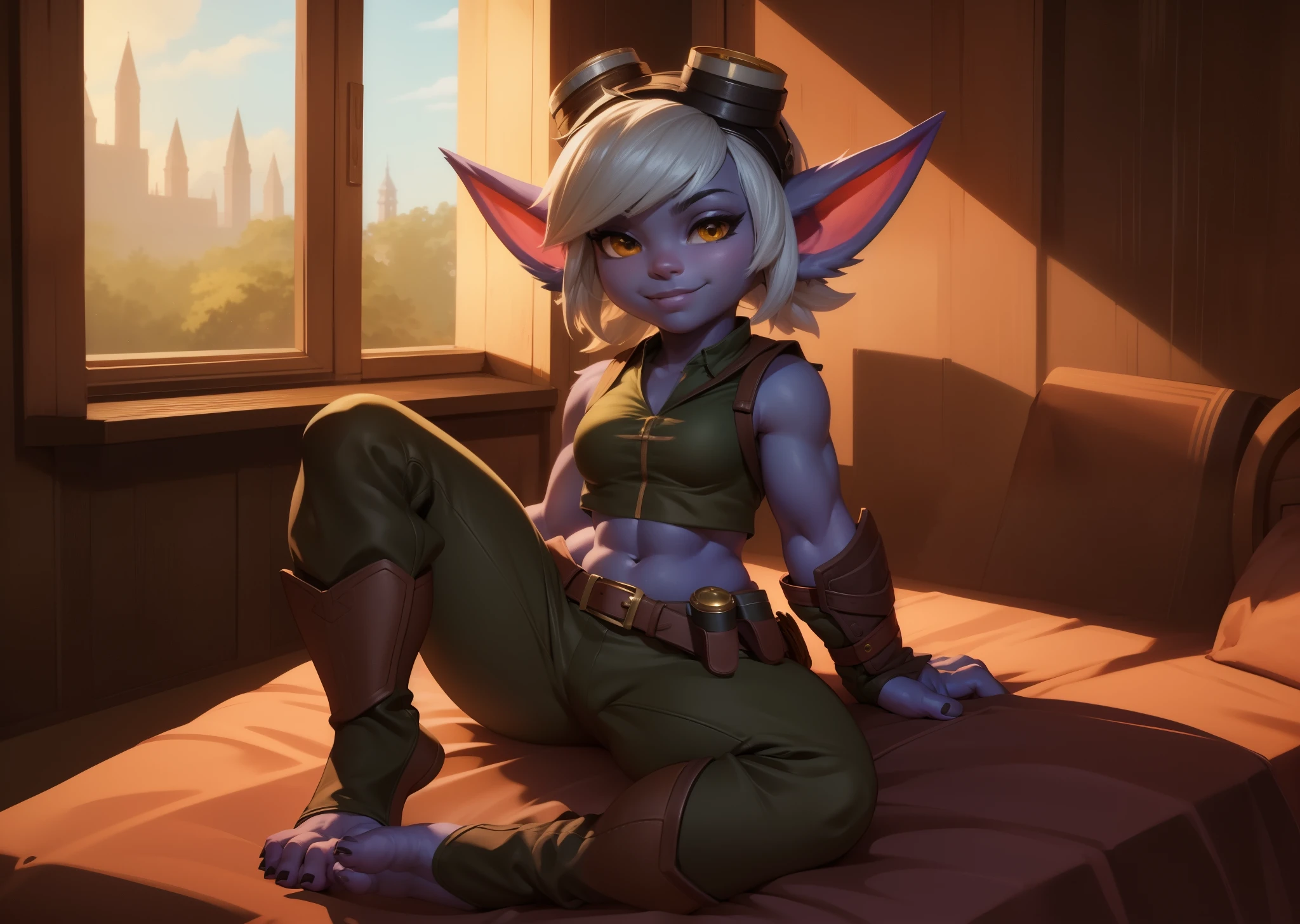 [tristana], [LOL], ((masterpiece)), ((HD)), ((high res)), ((beautiful render art)), ((solo portrait)), ((full body)), ((front view)), ((feet visible)), ((detailed shading)), {(attractive), (short), yordle, (purple skin), (elf ears), (short white hair), (cute brown eyes), (detailed iris), (short eyelashes), (sharp nails), (curvy hips), (detailed abs), (thick thighs), (detailed legs), (beautiful legs), (beautiful feet), (detailed toes), (smug smirk), (excited expression)}, {(green sleeveless shirt), (navel), (tight green pants), (brown belt), (utility belt), (brown gauntlets), (fingerless gloves), (toeless socks), (goggles on head)}, {(laying on bed), (legs spread open), (spreading toes), (looking at viewer)}, [background; (bedroom), (window), (forest), (blue sky), (sun rays), (ambient lighting)]