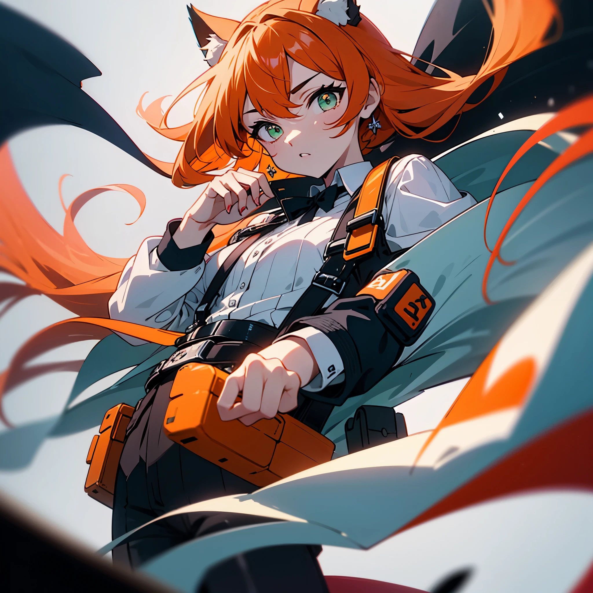 1girl, woman, solo, long hair, big hair, athletic, green eyes, orange hair, cat ears, small breasts,, (overcoat, black coat, open coat:1.2), white shirt, collared shirt, (chest harness, shoulder strap:1.15), Black miniskirt, garters Gaze, small face bangss, holster, gloves, ((from below)), elegant, looking at viewer, standing, chromatic aberration, (close-up to face:1.2), face only masterpiece, best quality, 4k