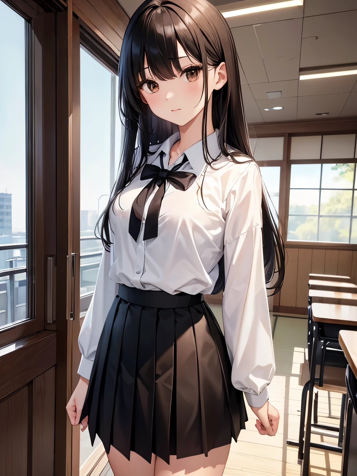 best quality, Japanese、brown eyes、Slender、tall、8k、girl, highres,black hair、long hair、classroom、uniform、blouse、black skirt、standing position、facing left