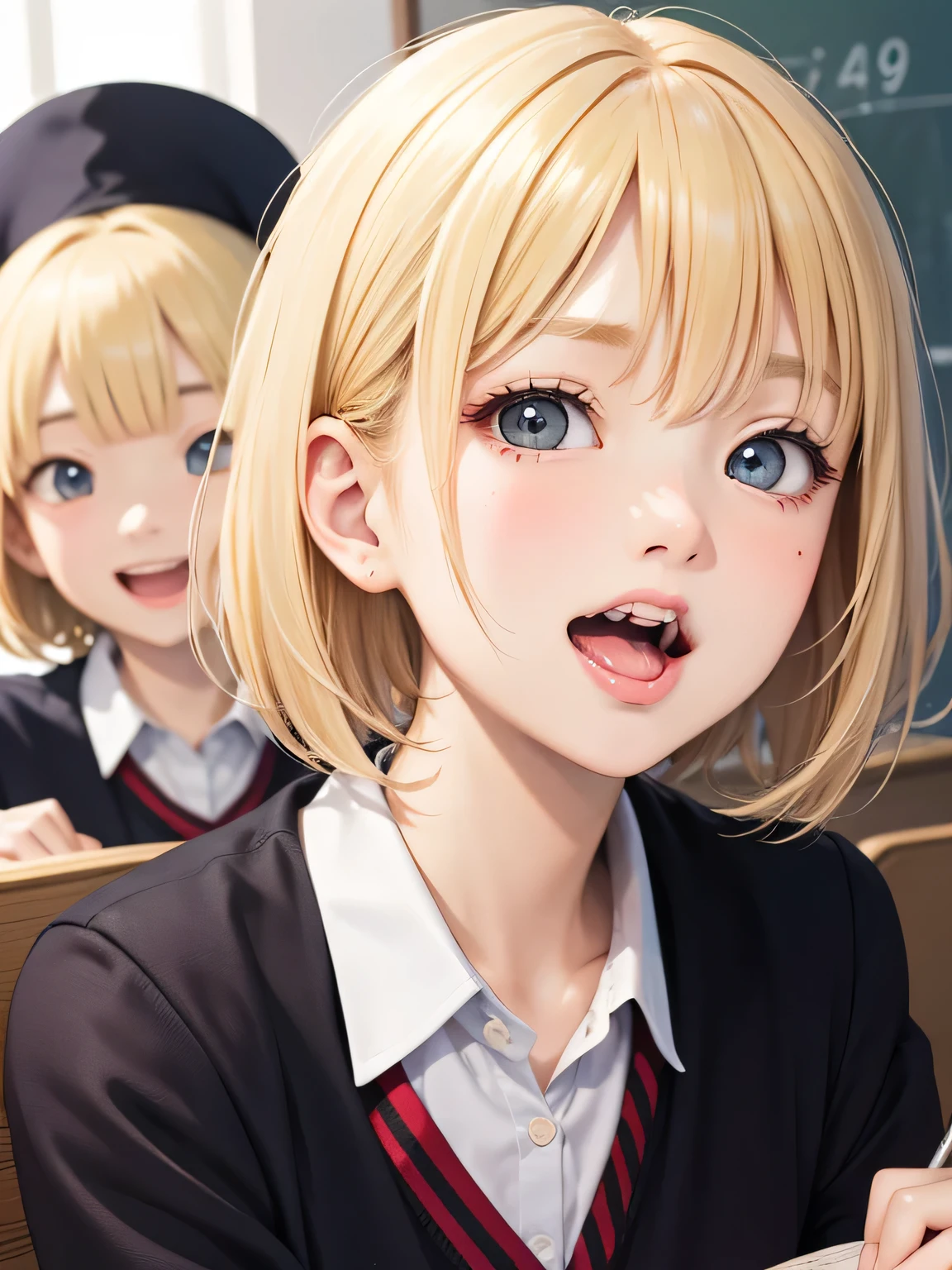 close up of face、blonde、short hair、girl1、sit、study、uniform、School、open your mouth and smile