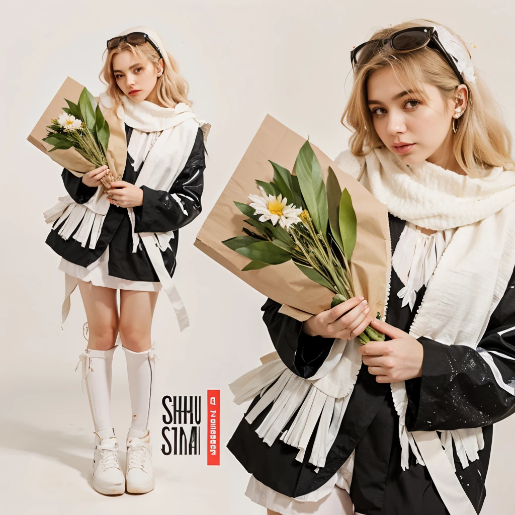 hay una mujer vestida de blanco y negro sosteniendo un ramo de flores, obra de arte al estilo de guweiz, jinyoung espinilla arte, al estilo de sachin teng, fanart de chica urbana, estilo ross tran, por Oliver Sin, Inspirado por Bian Shoumin, Loish y Ross Tran, estilo en pintura digital, estilo de arte loish