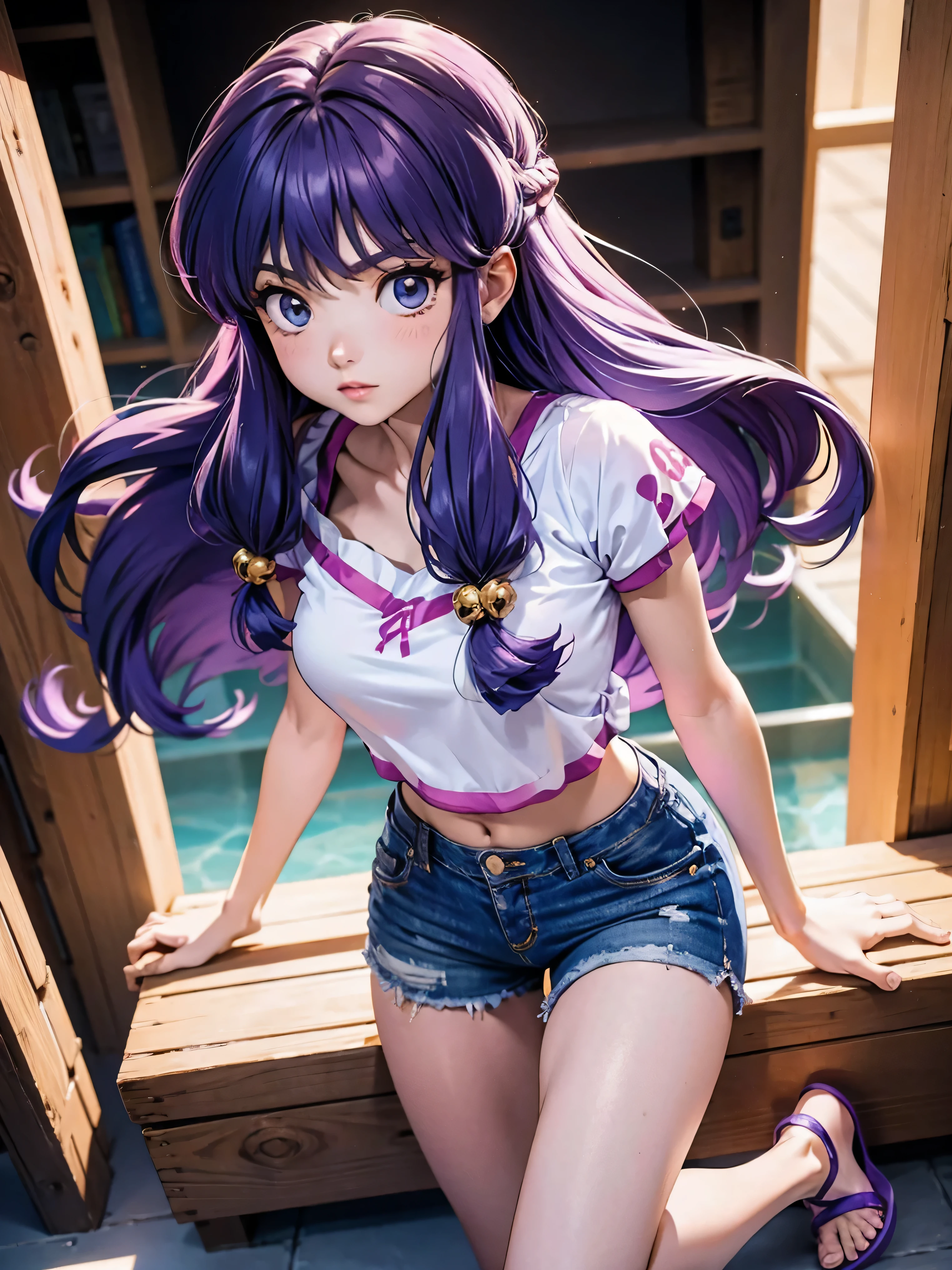 Anime cabelo purple com short jeans e blusa rosa brilhante, *******, corpo bonito, seios grandes, com as hands on chest, hands on chest, Garota sexy, purple cabelo, mechas de cabelo laterais, mechas de cabelo na lateral do rosto, beautiful lighting, sombras suaves, olhos azuis, pernas bonitas, cabelo longo purple, estilo anime, personagem Shampoo Chan, Autora Rumiko Takahashi, Baseado em obra de Rumiko Takahashi, Anime Ranma 1/ 2, decote sexy, quadril robusto, corpo inteiro, corpo inteiro, busto grande, garota jovem com corpo belo e bonito, sandals on his feet, garota ******* jovem baixa estatura, usando short jeans e blusa rosa brilhante, garota anime, estilo anime, beautiful feet in sandals, 45° viewing angle, ao ar livre, peito grande, seios bonitos, cabelo purple, sandals on the feet, pernas bonitas