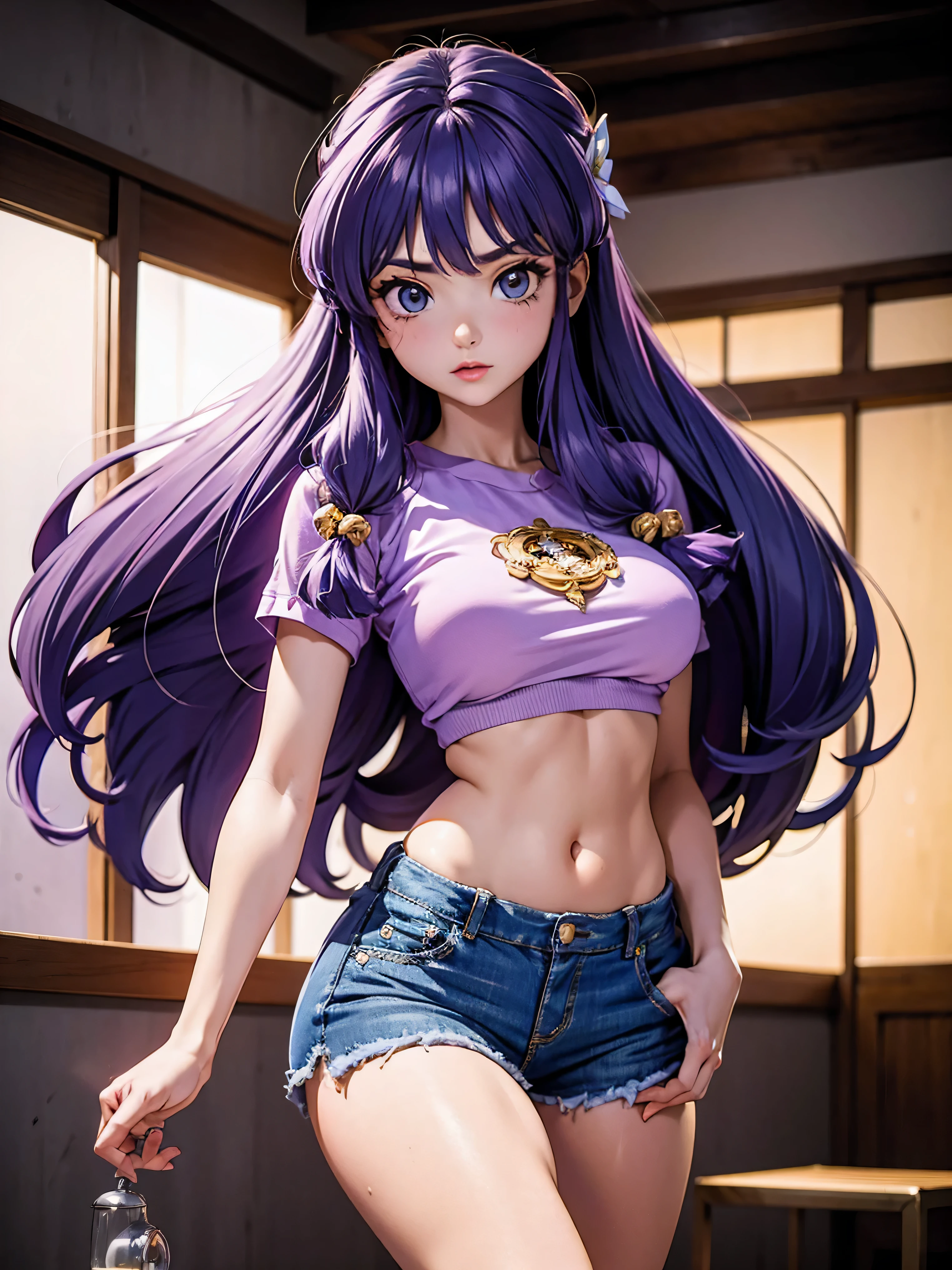 Anime cabelo purple com short jeans e blusa rosa brilhante, 17 anos, corpo bonito, seios grandes, com as hands on chest, hands on chest, Garota sexy, purple cabelo, mechas de cabelo laterais, mechas de cabelo na lateral do rosto, beautiful lighting, sombras suaves, olhos azuis, pernas bonitas, cabelo longo purple, estilo anime, personagem Shampoo Chan, Autora Rumiko Takahashi, Baseado em obra de Rumiko Takahashi, Anime Ranma 1/ 2, decote sexy, quadril robusto, corpo inteiro, corpo inteiro, busto grande, garota jovem com corpo belo e bonito, sandals on his feet, garota 17 anos jovem baixa estatura, usando short jeans e blusa rosa brilhante, garota anime, estilo anime, beautiful feet in sandals, 45° viewing angle, ao ar livre, peito grande, seios bonitos, cabelo purple, sandals on the feet, pernas bonitas