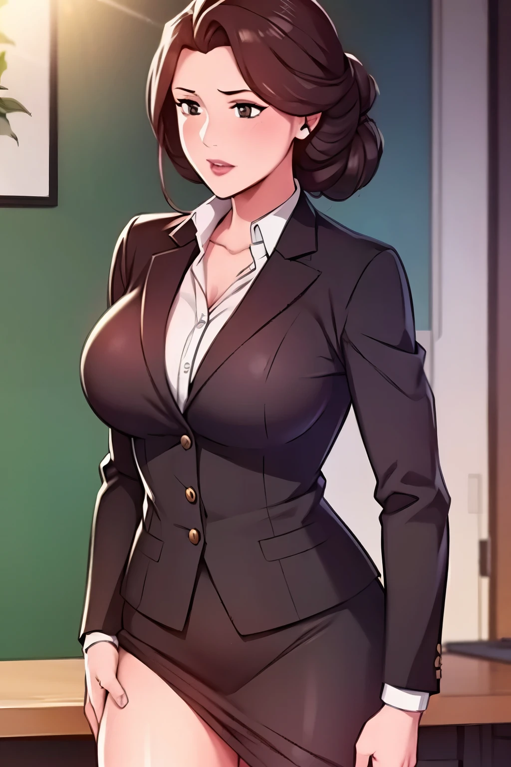 Holley,wearing a brown office suit, high quality,4k, 