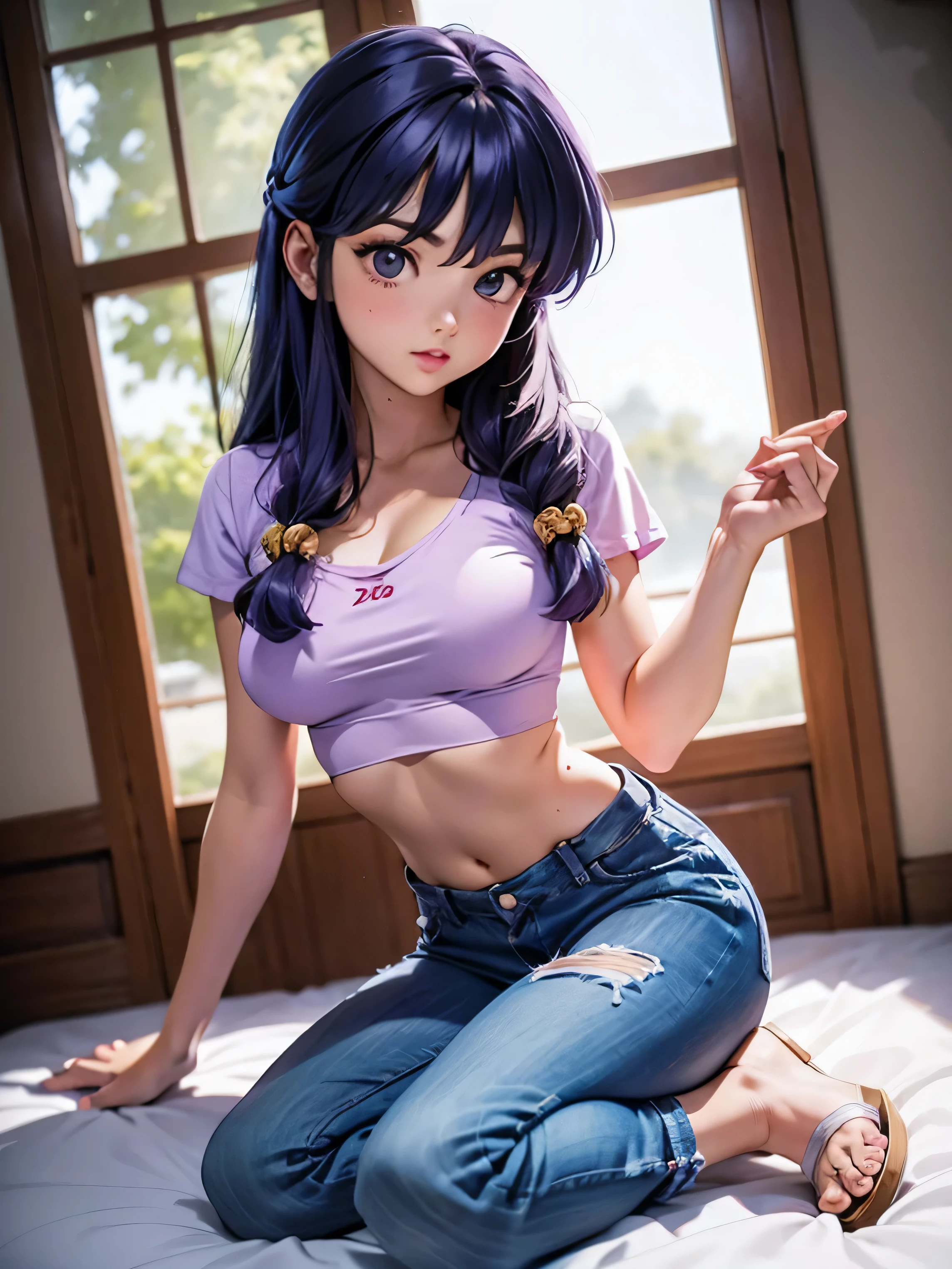 Anime cabelo purple com short jeans e blusa rosa brilhante, *******, corpo bonito, seios grandes, com as hands on chest, hands on chest, Garota sexy, purple cabelo, mechas de cabelo laterais, mechas de cabelo na lateral do rosto, beautiful lighting, sombras suaves, olhos azuis, pernas bonitas, cabelo longo purple, estilo anime, personagem Shampoo Chan, Autora Rumiko Takahashi, Baseado em obra de Rumiko Takahashi, Anime Ranma 1/ 2, decote sexy, quadril robusto, corpo inteiro, corpo inteiro, busto grande, garota jovem com corpo belo e bonito, sandals on his feet, garota ******* jovem baixa estatura, usando short jeans e blusa rosa brilhante, garota anime, estilo anime, beautiful feet in sandals, 45° viewing angle, ao ar livre, peito grande, seios bonitos, cabelo purple, sandals on the feet, pernas bonitas