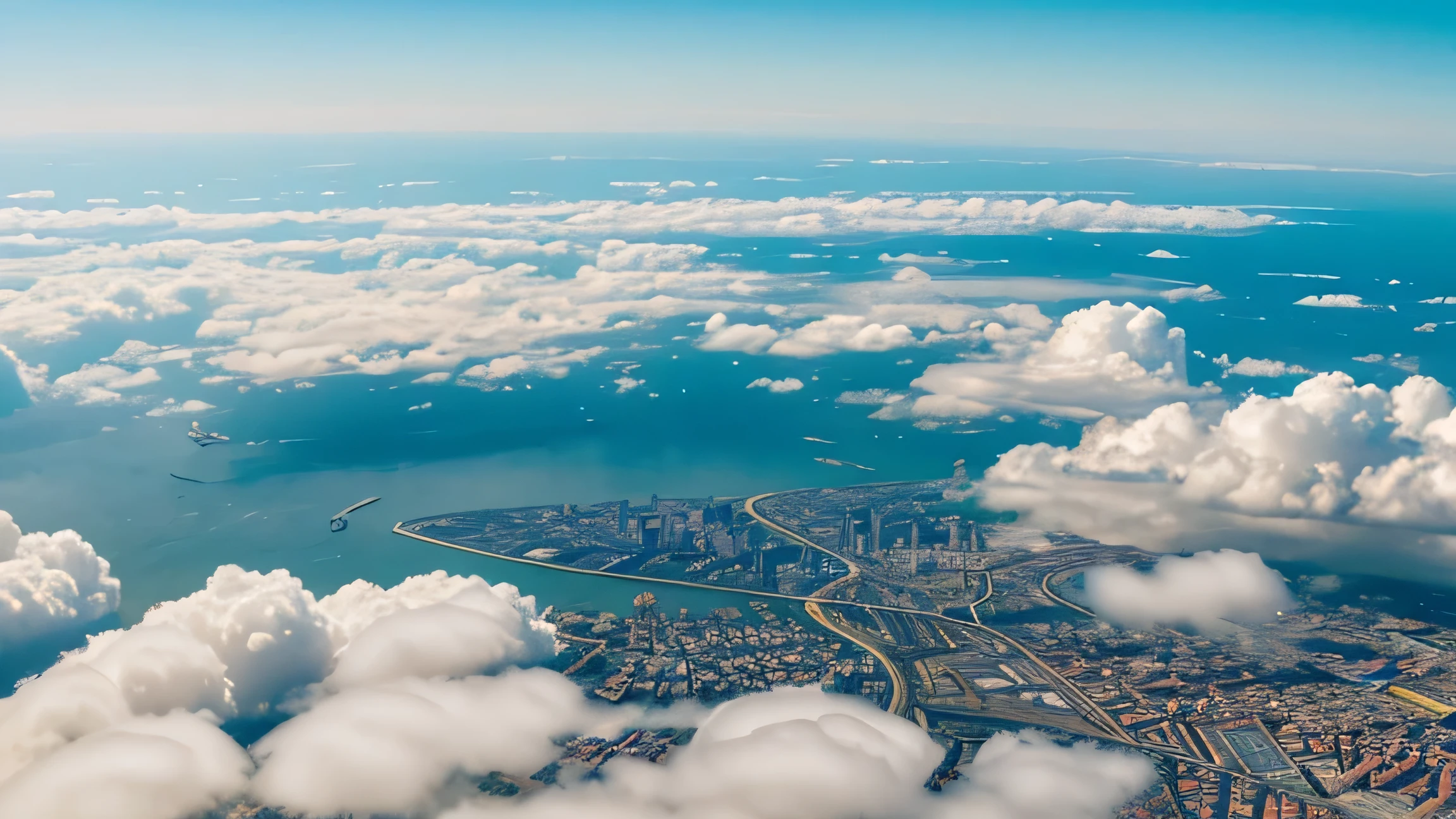 top down view of a city through the clouds, realistic, vivid, clouds, sunny day, bright sun, bright, sunny, sun