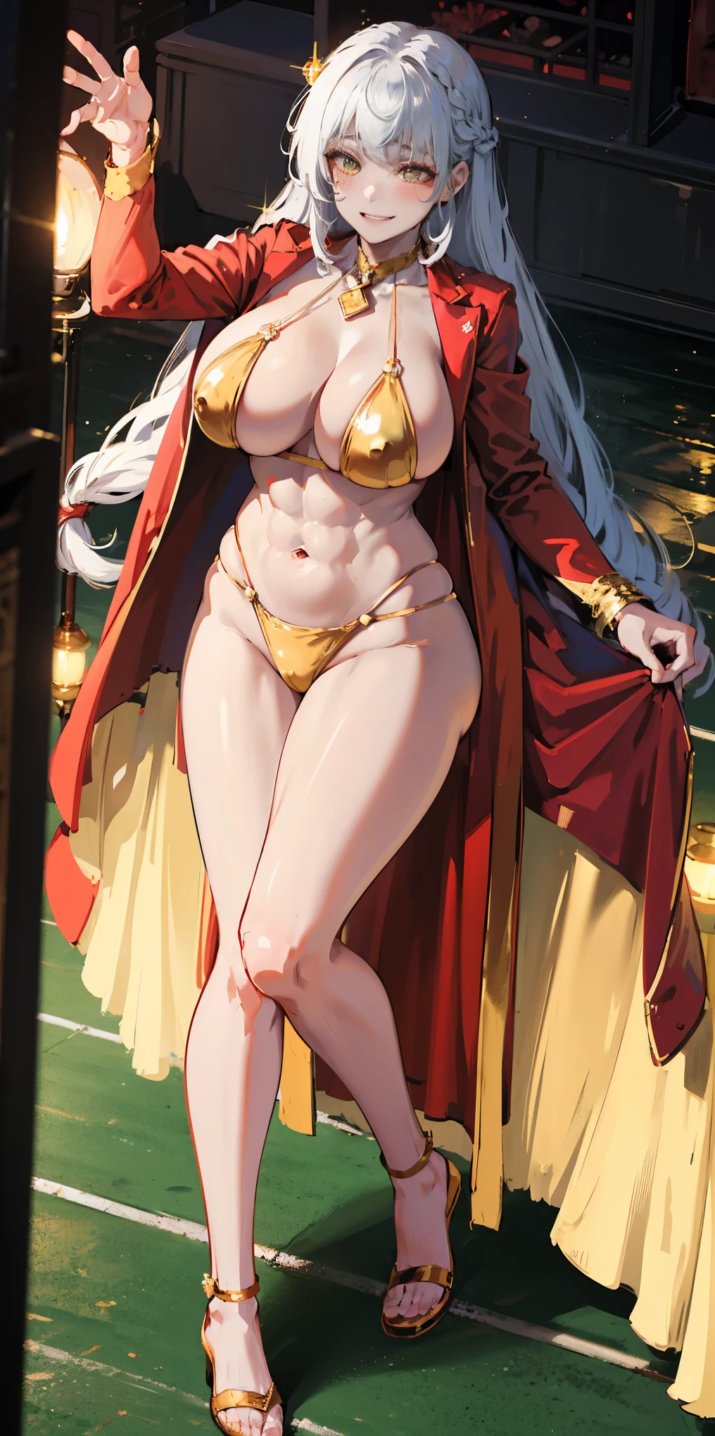 1girl full body standing, nice ass, Hairstyle with a braid, white colored hair, Yellow eyes, perfect lighting, muscular, thights, Mature woman, mummy, bellybutton, Abs, looks at the viewer, Extremely huge breasts, Maternal, porcelain skin, extra very long hair, sparkly skin, good face, chest cover, lusftful smirking smile face red blushed