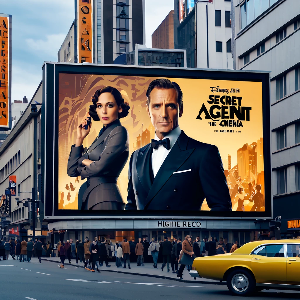 (best quality,4k,8k,highres,masterpiece:1.2),ultra-detailed,on the billboard in the city's cinema, a large poster of the movie with the name "SECRET AGENT", in the background a crowd of people on the streets of a city, (art deco:1.2), 70's.