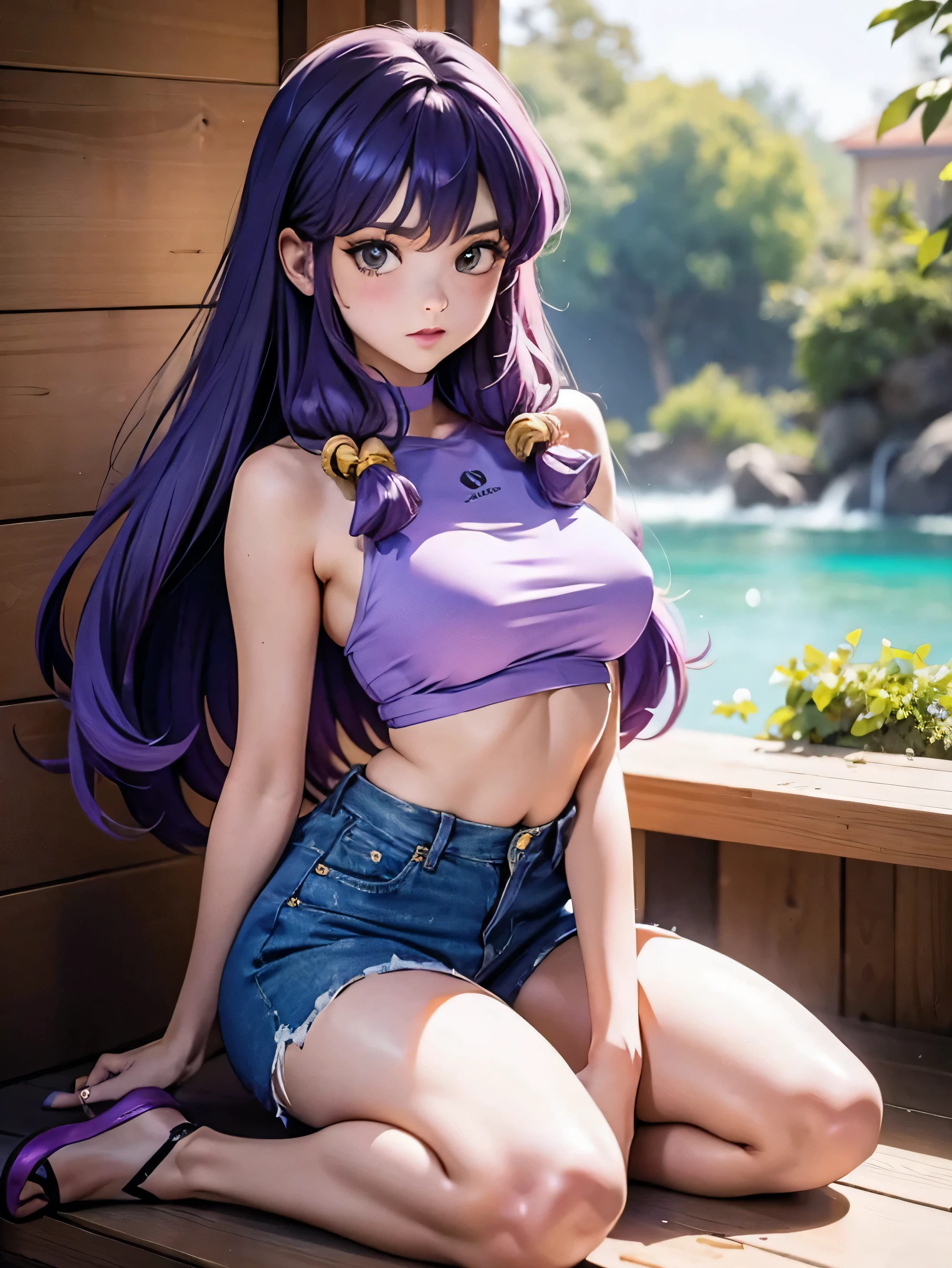 Anime cabelo purple com short jeans e blusa rosa brilhante, *******, corpo bonito, seios grandes, com as hands on chest, hands on chest, Garota sexy, purple cabelo, mechas de cabelo laterais, mechas de cabelo na lateral do rosto, beautiful lighting, sombras suaves, olhos azuis, pernas bonitas, cabelo longo purple, estilo anime, personagem Shampoo Chan, Autora Rumiko Takahashi, Baseado em obra de Rumiko Takahashi, Anime Ranma 1/ 2, decote sexy, quadril robusto, corpo inteiro, corpo inteiro, busto grande, garota jovem com corpo belo e bonito, sandals on his feet, garota ******* jovem baixa estatura, usando short jeans e blusa rosa brilhante, garota anime, estilo anime, beautiful feet in sandals, 45° viewing angle, ao ar livre, peito grande, seios bonitos, cabelo purple, sandals on the feet, pernas bonitas