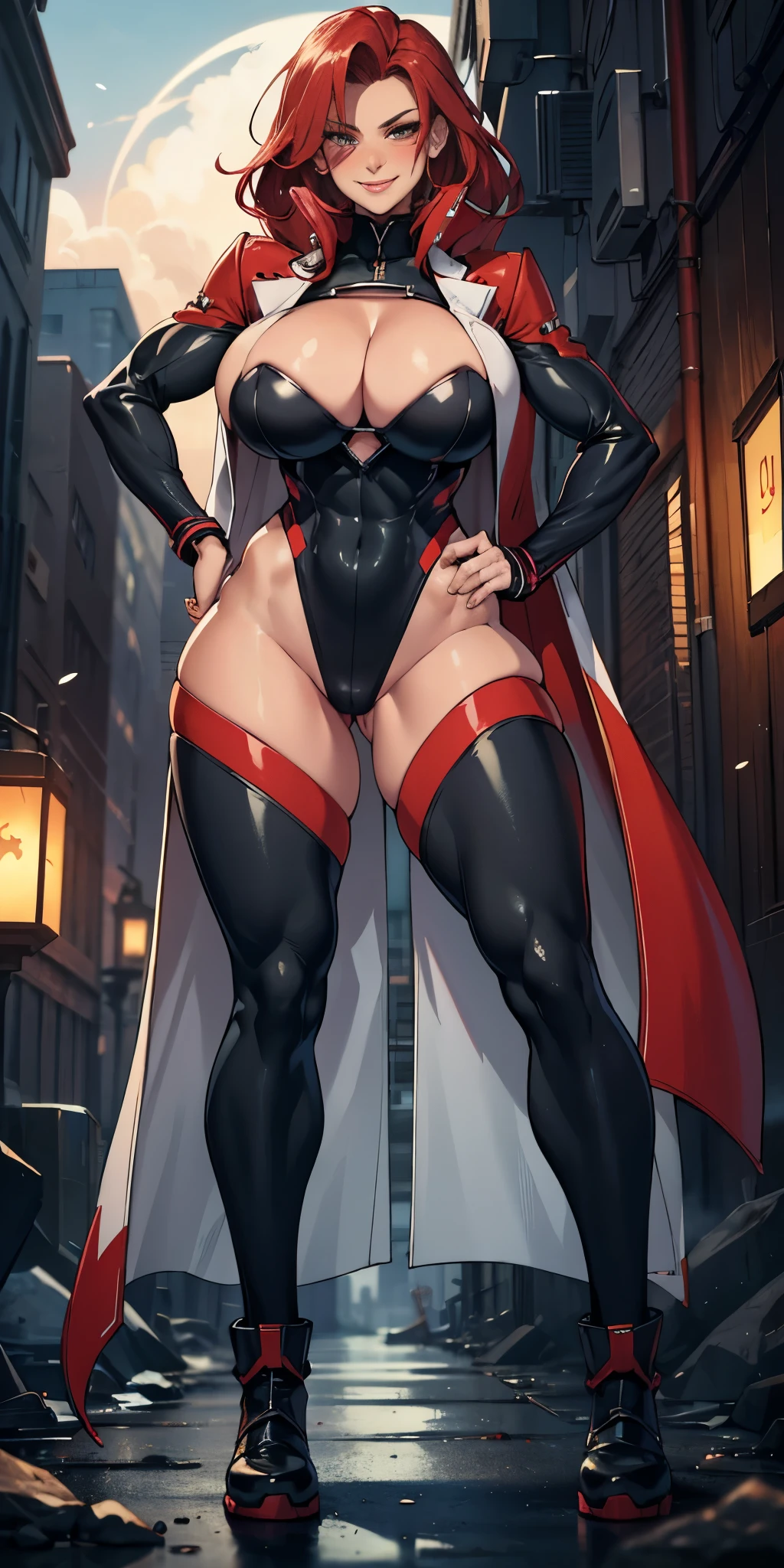 full body standing good face, nice ass, red spiky hair, beautiful woman, wide hips, cleavage, jumpsuit, leotard, heavy boots, apocalypse, muscular, thights, Mature woman, Abs, looks at the viewer, lustful smirking smile face red blush