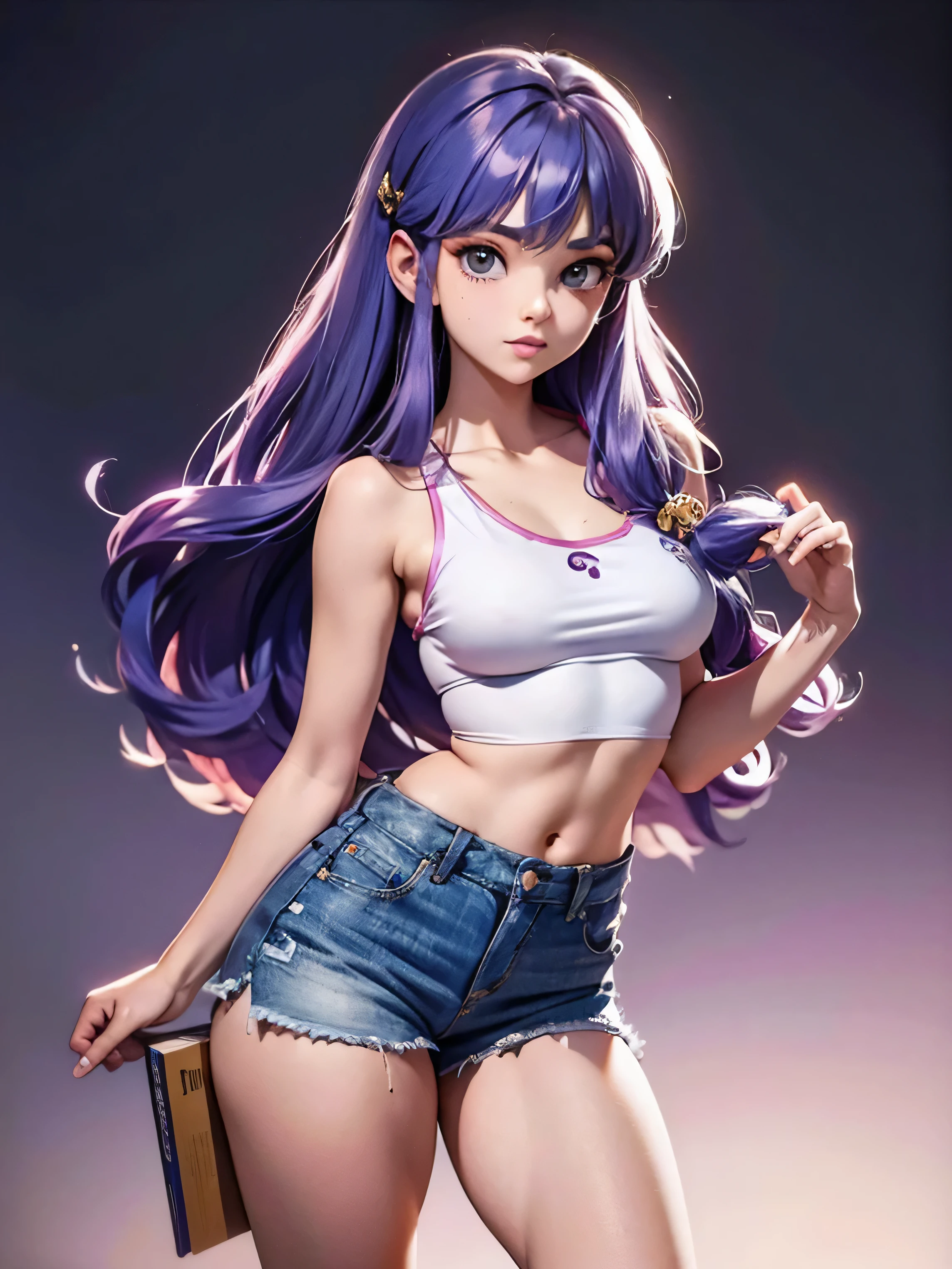 Anime cabelo purple com short jeans e blusa rosa brilhante, 17 anos, corpo bonito, seios grandes, com as hands on chest, hands on chest, Garota sexy, purple cabelo, mechas de cabelo laterais, mechas de cabelo na lateral do rosto, beautiful lighting, sombras suaves, olhos azuis, pernas bonitas, cabelo longo purple, estilo anime, personagem Shampoo Chan, Autora Rumiko Takahashi, Baseado em obra de Rumiko Takahashi, Anime Ranma 1/ 2, decote sexy, quadril robusto, corpo inteiro, corpo inteiro, busto grande, garota jovem com corpo belo e bonito, sandals on his feet, garota 17 anos jovem baixa estatura, usando short jeans e blusa rosa brilhante, garota anime, estilo anime, beautiful feet in sandals, 45° viewing angle, ao ar livre, peito grande, seios bonitos, cabelo purple, sandals on the feet, pernas bonitas