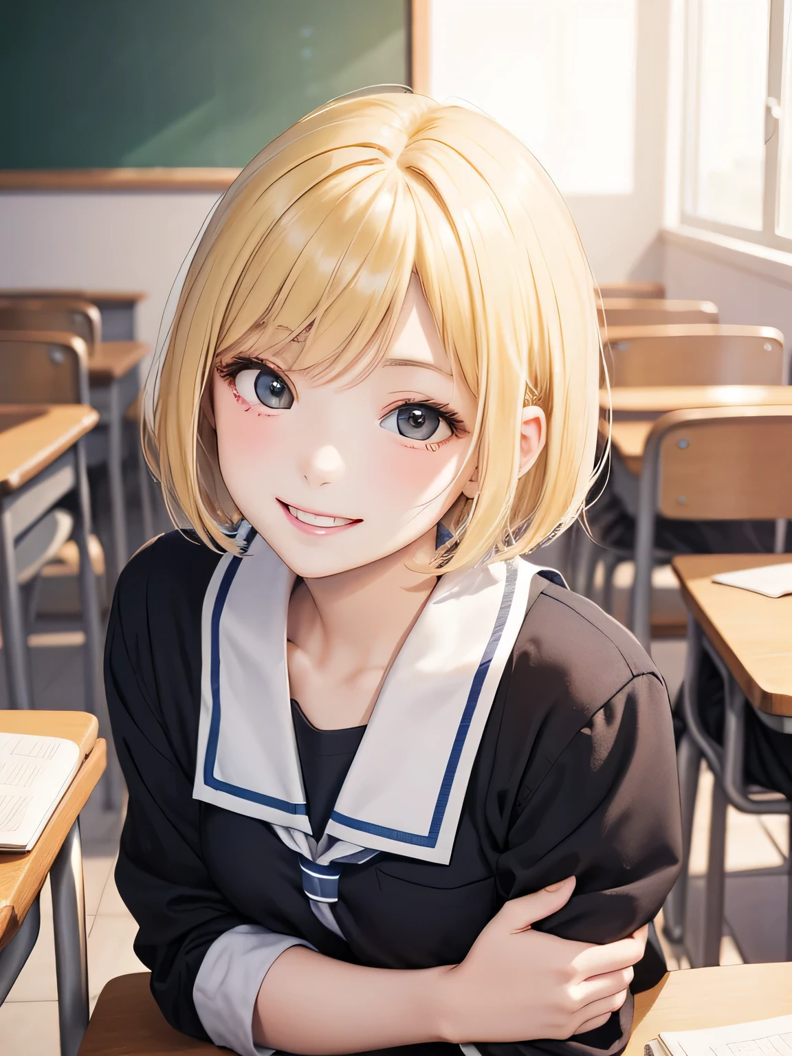 close up of face、blonde、short hair、girl１、sit、study、uniform、School、big smile