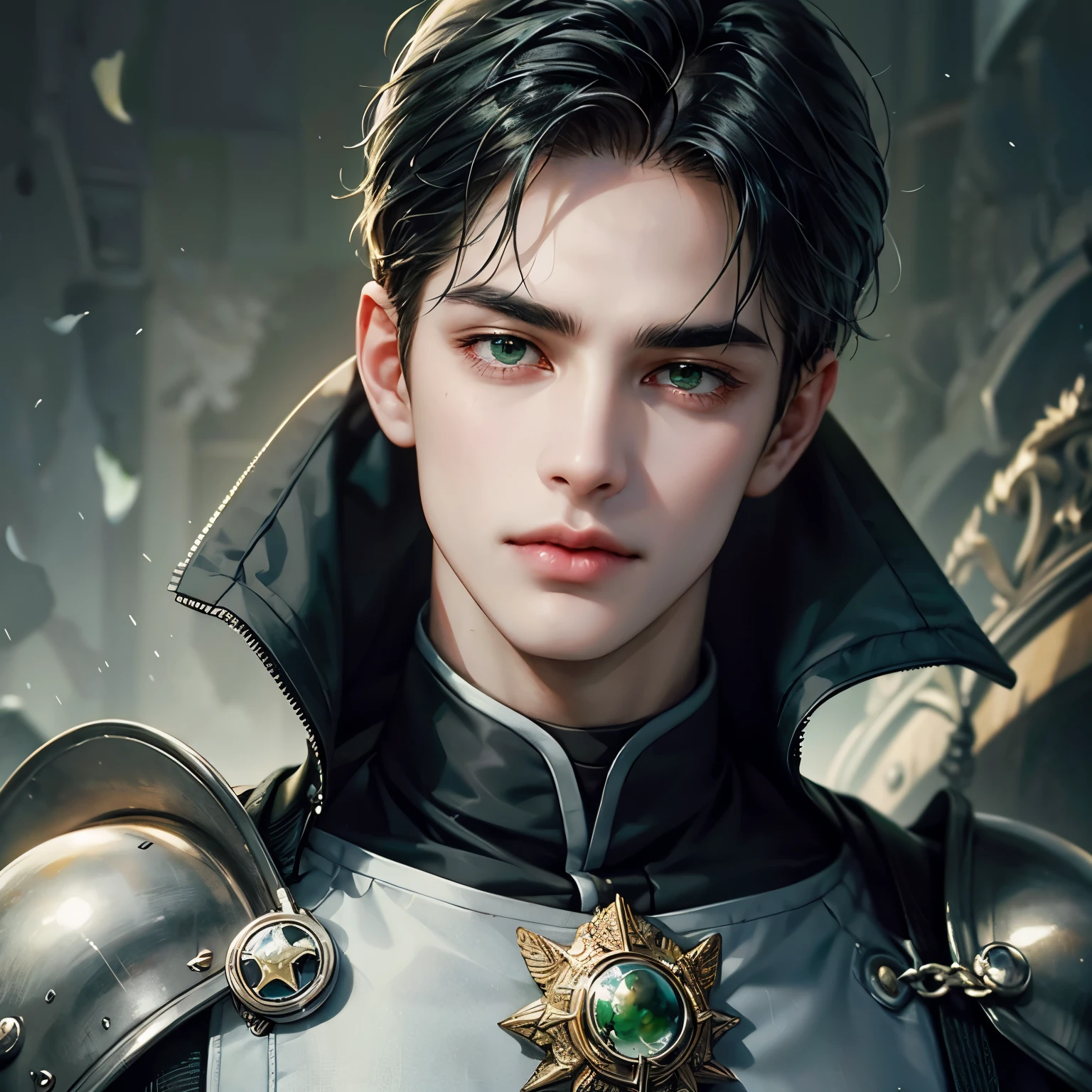 Create a face card portrait for a character description capturing the character's face. A young 25 year old masculine male character with short black hair, green eyes, wearing a green, white and black checkers jacket warrior gear, he's a great warrior and knight, angry, he's powerful, dark theme, detailed background of the green forces, green explosion in background, dark blue colors, very close up picture with face, detailed, 4k, only face in the picture, close up shot of face, do not show below the neck, extremely close up shot, straight portrait, Ensure the focus is on a straightforward, centered composition with a clear, direct gaze