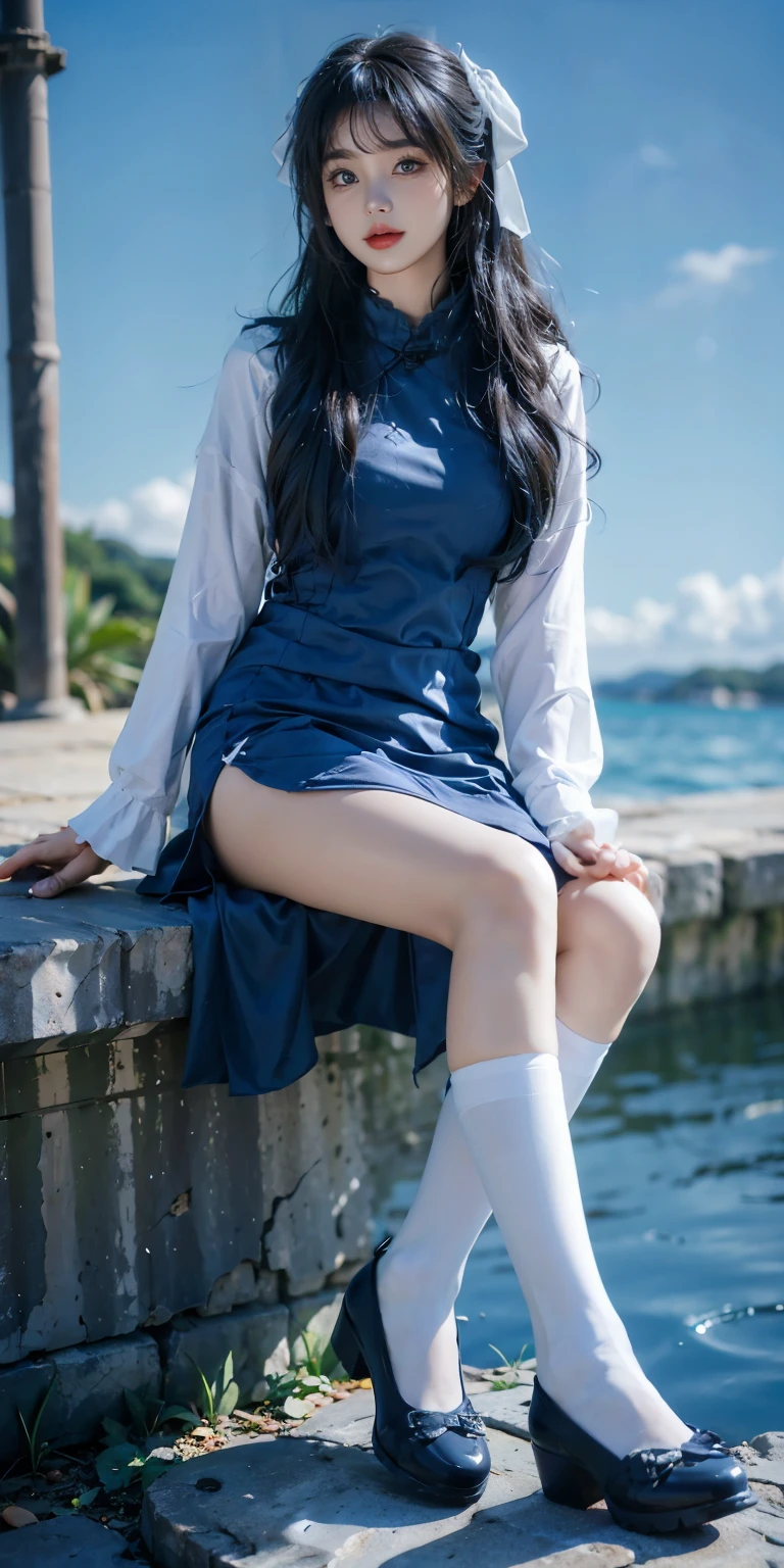 1 girl，high quality，More than picture quality，Rich details，Ocean blue is hair and eyebrows，white socks，High heel