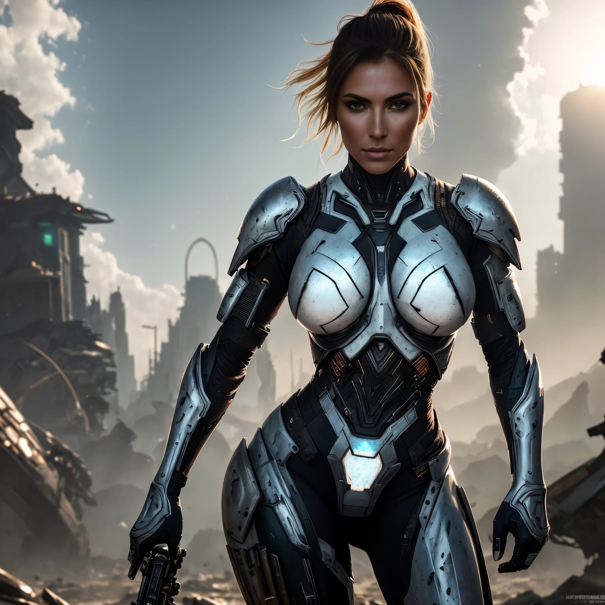 Medium shot of a sexy female cyborg wearing scratched and stained futuristic armor in a destroyed futuristic city, fantasia, sci-fi, lindo rosto feminino, sedutor, sexual, mist, vivid and seductive eyes, obra-prima da melhor qualidade, fotorrealista, detalhado, 8K, hdr, profundidade superficial de campo, luz ampla, alto contraste, backlight, florescer, brilhos de luz, Chromatic aberration, sharp focus, Foto colorida RAW