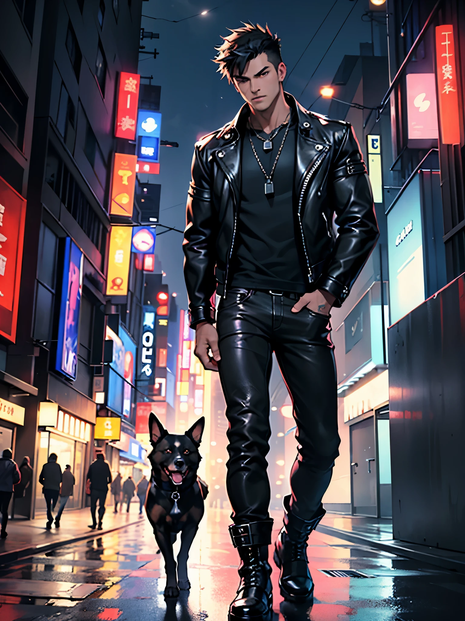 best quality, masterpiece, highres, solo, solo focus, 1boy, mature college student, black hair, short hair, spiky hair, purple eyes, japanese, BREAK, muscular, red leather jacket, black t-shirt, (black leather pants, biker boots)), ((dog tags)), hands in pocket, standing, walking, gruff look on face, BREAK new york city street backdrop, nighttime, outdoors, perfect lightning
