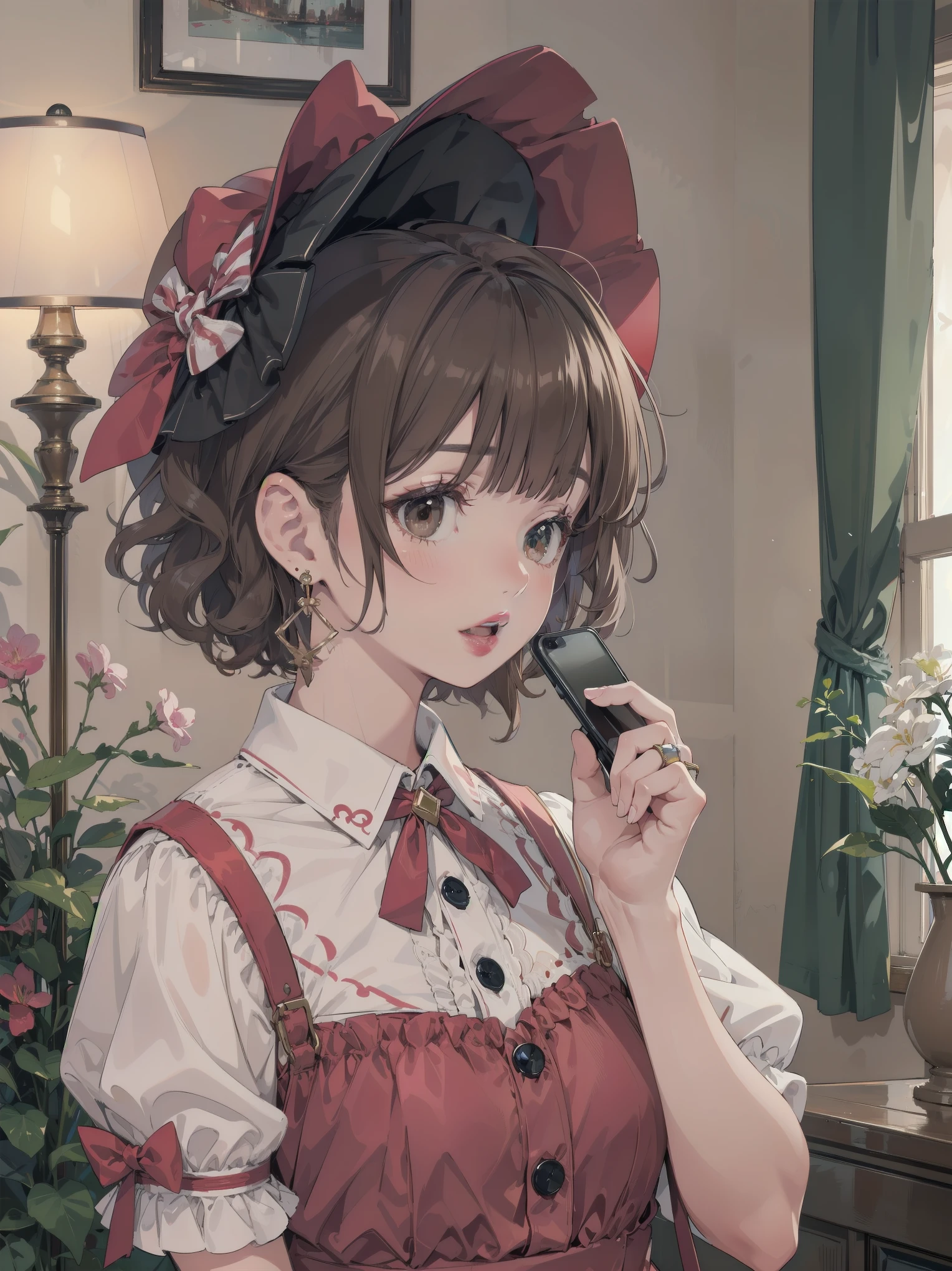 colorful, hezi, cosplay costume, beauty, stunning, 1girl, corded phone, solo, ring, jewelry, brown hair, realistic, talking on phone, phone, earrings, holding, parted lips, brown eyes, bangs, upper body, holding phone, curly hair, bow, looking to the side, bonnet, hair bow, blurry, lamp, lips, black eyes, indoors, blurry background, teeth, kettle, shirt, curtains, hand up, buttons, red lips, looking at viewer, medium hair, hat, nose, cellphone, red dress, dress, short sleeves, short hair, looking away, blunt bangs, open mouth, window, lipstick