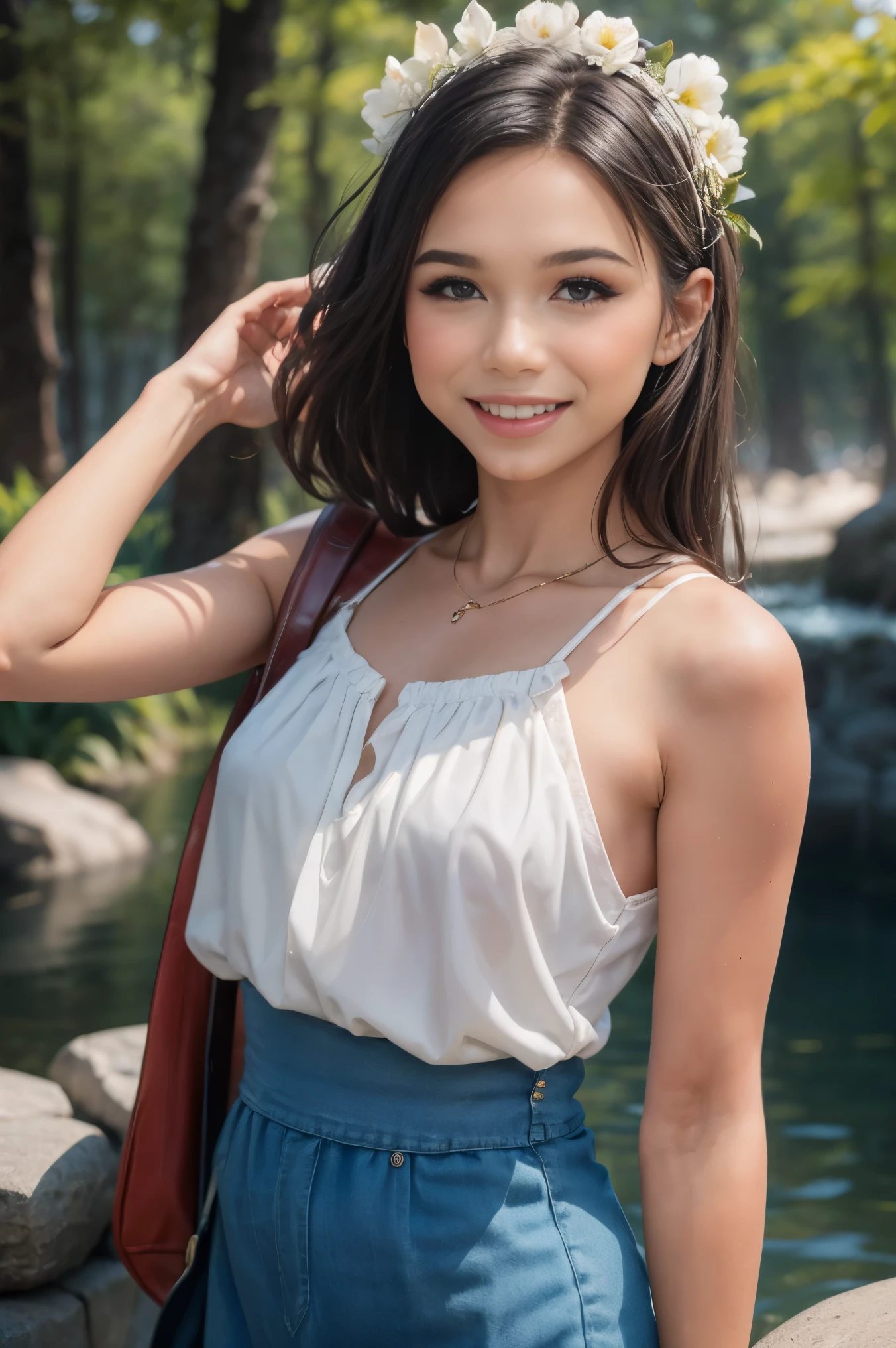 very cute and beautiful girl,blue plaid summer dress with detailed frills,sleeveless,(skirt lift,white panties),(highly detailed beautiful face and eyes:1.2), cowboy shot,smile,black hair,flower crown, (standing by water spring in forest),fog,fantastic stone monument,detailed landscape, (best quality,masterpiece:1.2),(intricate details),extremely detailed,highres,solo, cinematic lighting,dim light,dynamic angle,hair fluttering in the wind,