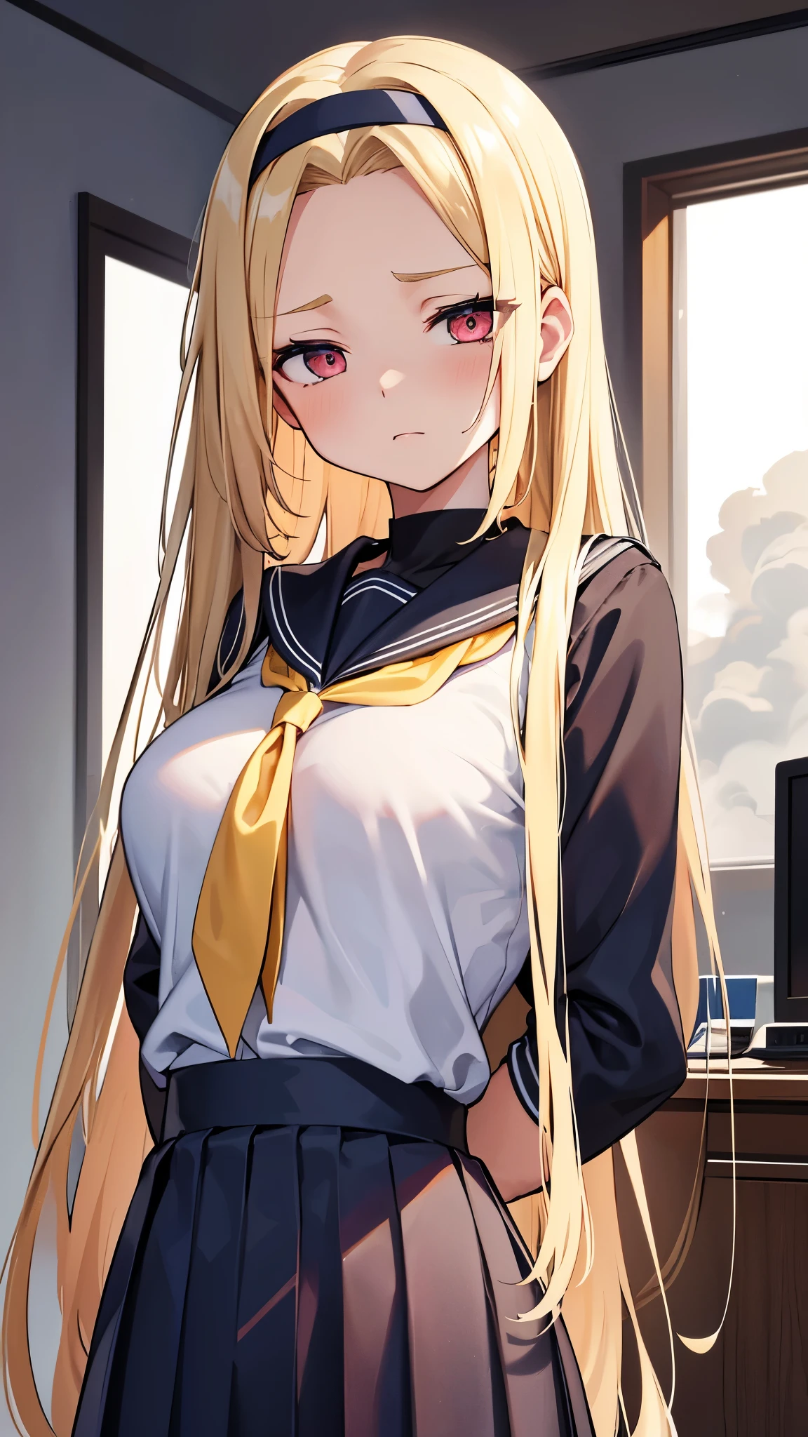 front view,from front,Upper body,facing straight at viewer,
(half-closed eyes),(spoken ellipsis),(Smoke comes out of head),
glowing eyes,
dark room,in front of a computer,nice background details,
masterpiece, best quality, ultra-detailed, dynamic lighting, 8K resolution, super detailed skin, 
detailed face, fine hair detail, shiny hair, glistening skin,
1girl,large breasts,hairband,
((blond hair,slicked back hair,absurdly long hair,very long straight hair)),(forehead), hair intakes, hair over shoulder,

 (wearing sailor uniform),long sleeves,sailor collar,wearing long pleated skirt,
(arms behind back),
(dark glay eyes),(empty eyes:1.4),sleepy,

closed mouth,Raise the corners of the mouth,
