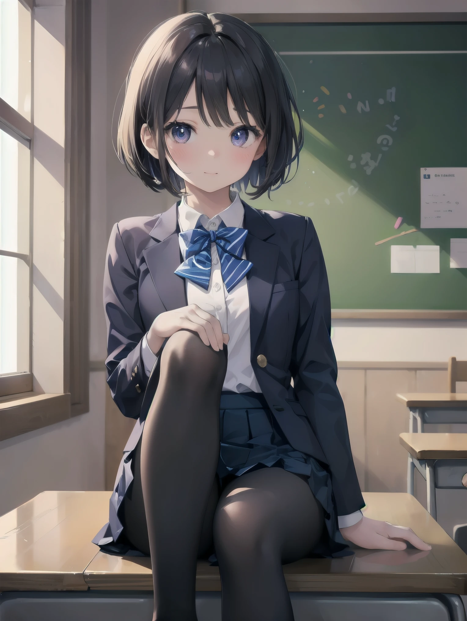 細部に至るまinの傑作、highest quality、realistic、1 girl、solo、、Looks about 5 years old、iful girl、、5 year old baby face、Silky hair、Gradient bob in the forward、blue and purple mesh、big vertical eyes、Outstanding looks、cute 、proximity、closed_mouth、laughter、blush、恥ずかしさinいっぱい、blue bow tie、Branded uniforms、赤いblazer、blazer、pleated skirt、navy blue skirt、silk blouse、white blouse、feet、black tights、sit on top、classroom、hair_ornament、looking for_in_viewer、beiniful detailed eyes、realistic目、tights on、Not clear、professional effects、Not clear、enhanced elegance、Really ridiculous cuteness、cute