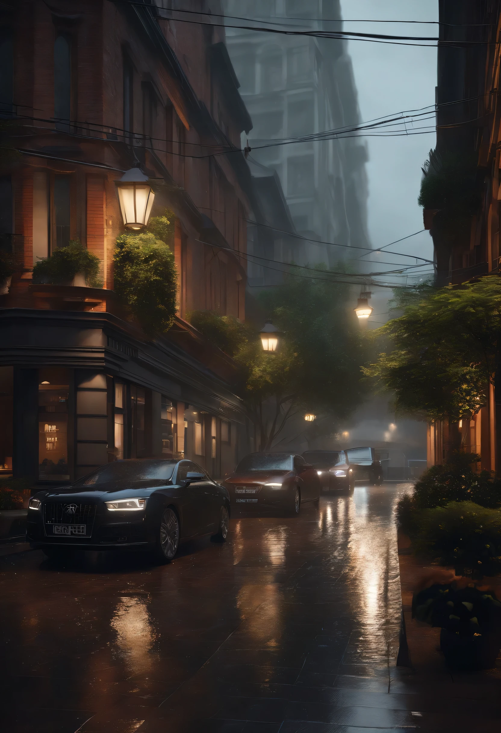 (Professional 3D Rendering:1.3) in the (Realistic:1.3)  Heavy rain, Have a cup of coffee、Rainy night