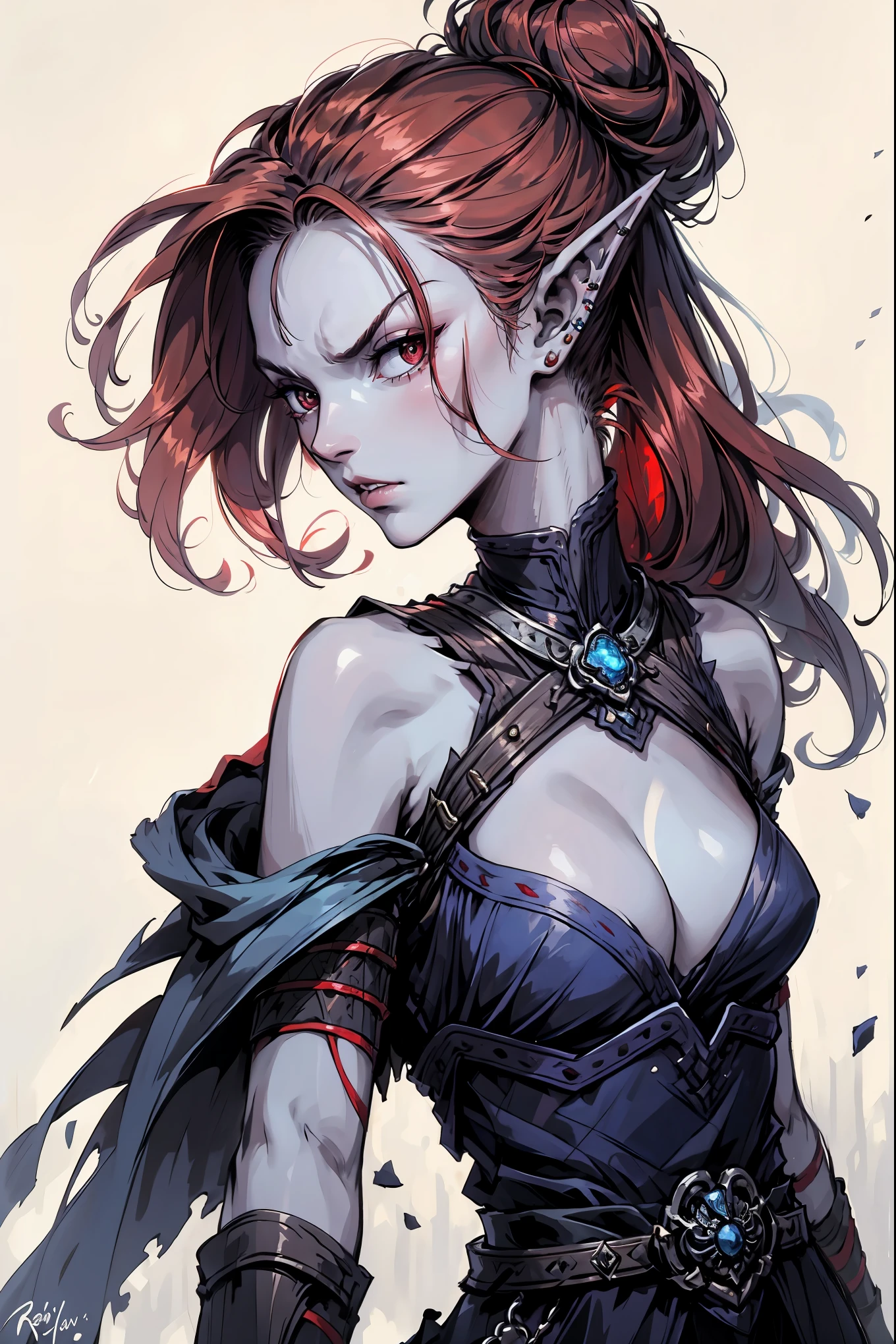 drow,red hair, female, pointy ears, solo,angry, elf, long hair, colored skin, red hair, blue skin, jewelry, earrings, hair bun, short hair, bare shoulders, profile, upper body, from side, signature, piercing, artist name, ear piercing, nose, lipasterpiece, best quality)), art by greg rutkowski
