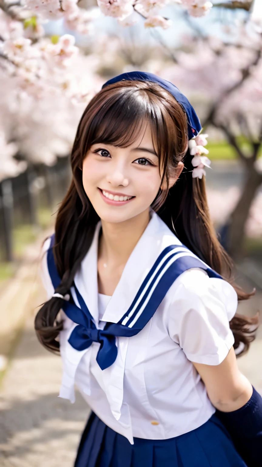 (((beautiful japanese high school girl))) 、1 person、twin tails、(((At the cherry blossom trees in bloom)))、doing a sexy pose、(((Revealing sailor suit)))、(((Glamour)))、((smile))、photorealistic、distinct、beautiful detailed eyes、hyper realism、high contrast、Ultra HD、realistic skin texture、Highest image quality、highest quality、ultra high resolution、Finely detailed、very carefully